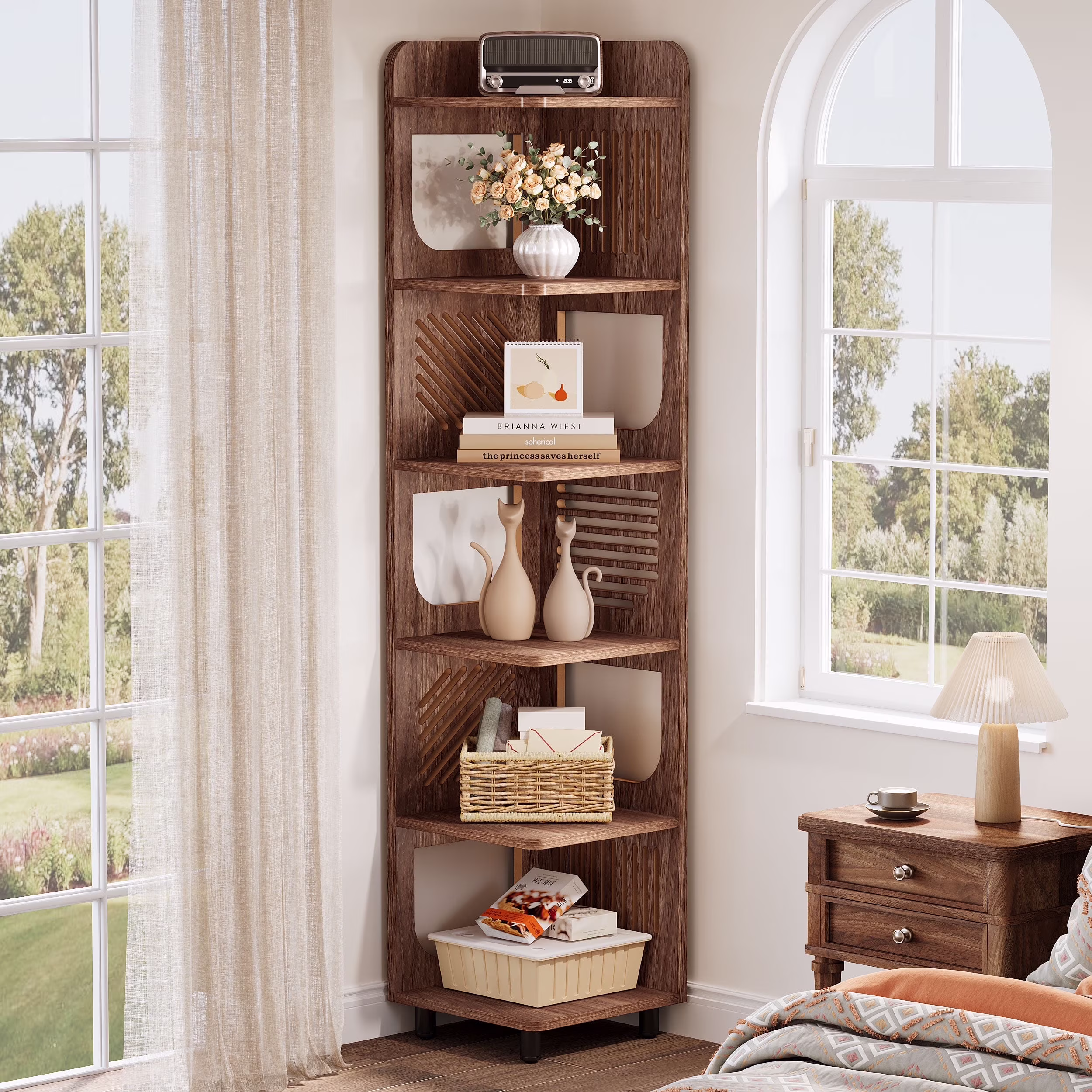 Fnova 71" 6-Tier Tall Corner Bookshelf, Rustic Wooden Narrow Corner Bookcase with Artistic Square Rack, Freestanding Display Storage Shelf for Space-Saving Home Organizing