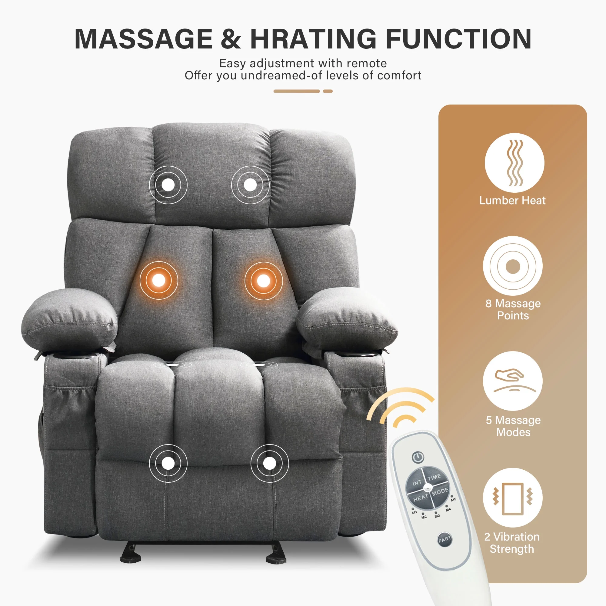 JONPONY Manual Recliner Chair with Heat Therapy and Massage Function, Heavy Duty Reclining Mechanism Massage Chair, Elderly Single Rocker Sofa with Cup Holders for Bedroom Home Theater,Grey - Image 4