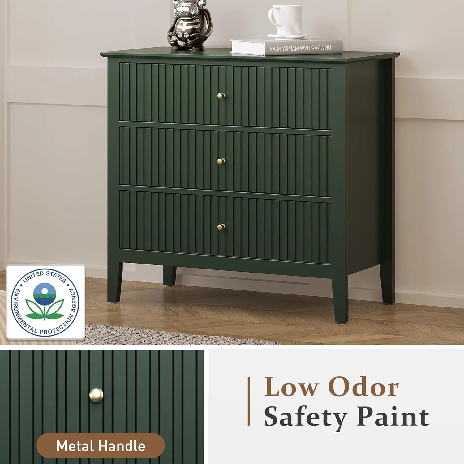 May Color Large White 3 Drawer Dresser Set of 2 with Fluted Panel, Modern Chest of Drawers with Silent Slide Drawers, Wood Accent Nightstand with Storage for Bedroom Living Room, Hallway - Image 53