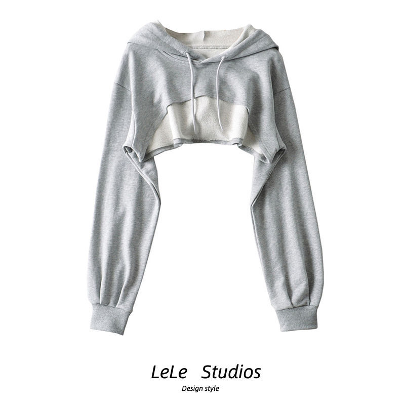 Cross-border women's hooded sweatshirt, early autumn 2026 new style, ins-style unique irregular cropped long-sleeve top for women
