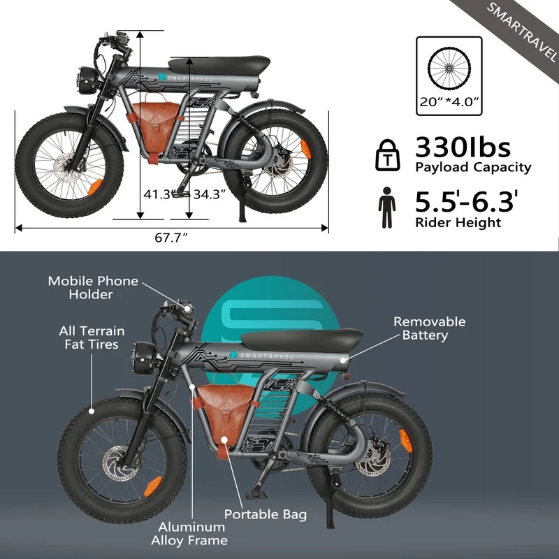 3000W(Peak) Motor 35MPH SMARTRAVEL ST202 Electric Dirt Bike for Adults, 52V50AH Dual Battery Ebike, 92+ Miles Range