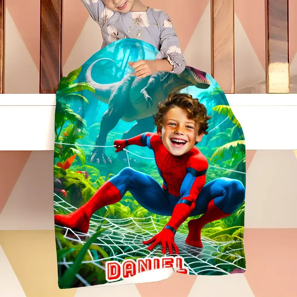 Design mockup showing custom face photo applied to personalized superhero blanket