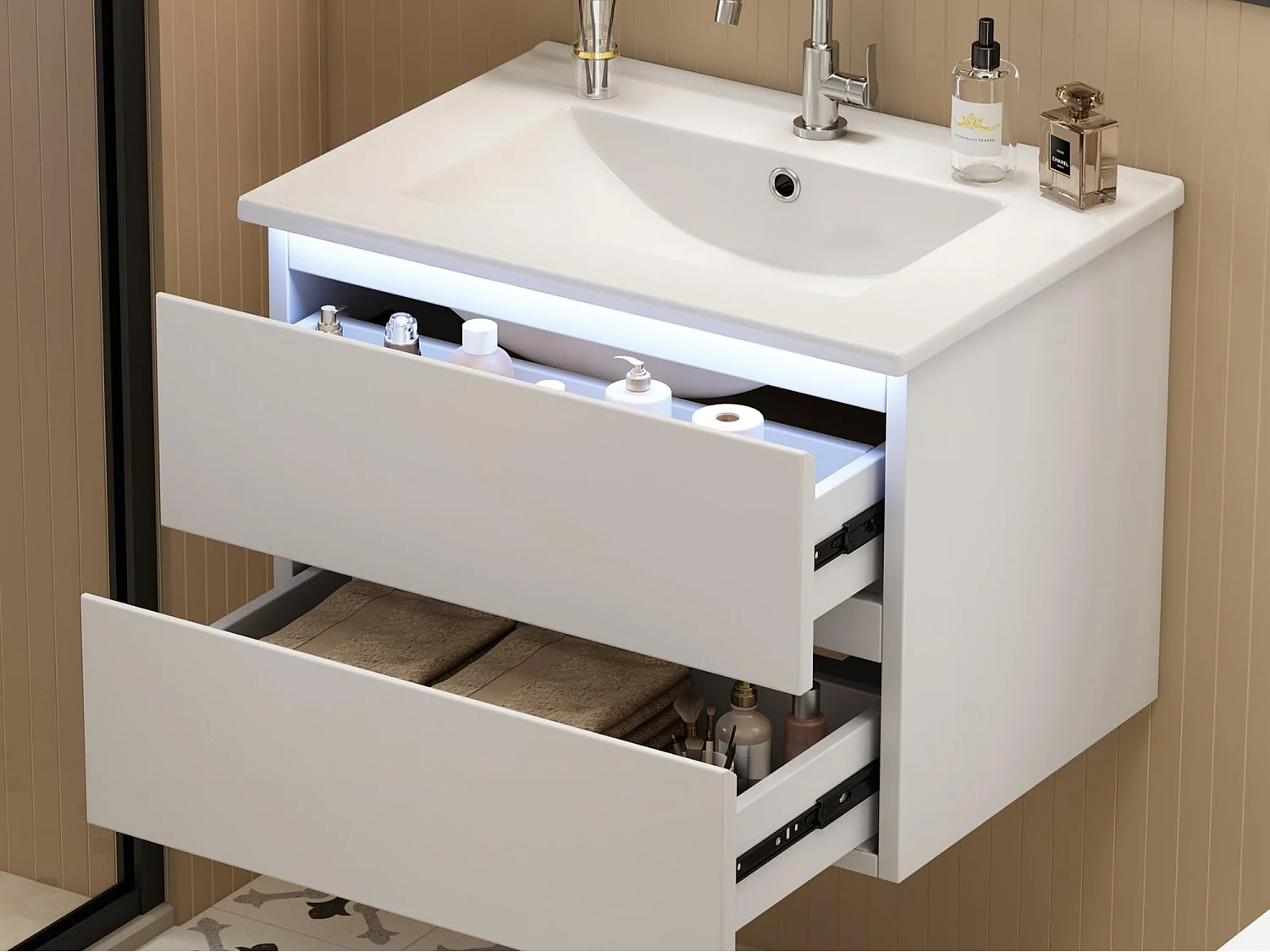 Meuble de salle de bain suspendu 61x46x45 cm - avec une vasque en céramique - Éclairage LED - 2 tiroirs - Blanc