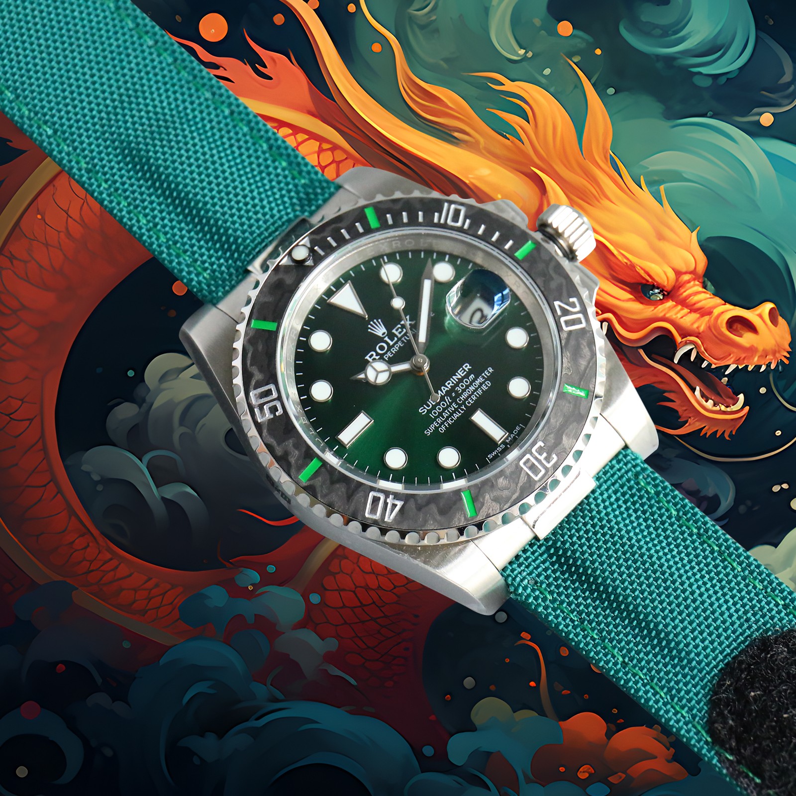 ROLEX Year of the Dragon Auspicious 🔥 🔥 Submariner Carbon Fiber Bezel - Velcro Strap - Green(1:1 replica) - Elite Watch Atelier