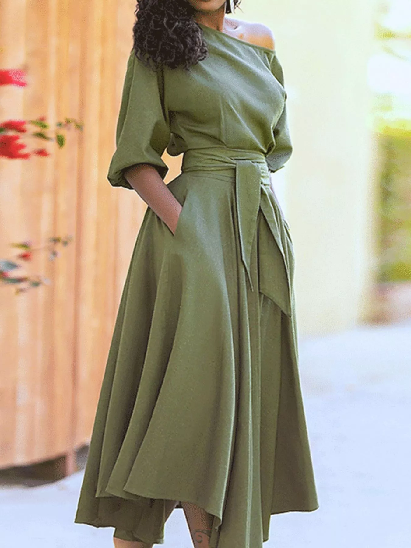 Boat Neck Tie Waist Dress - ZKZOOK