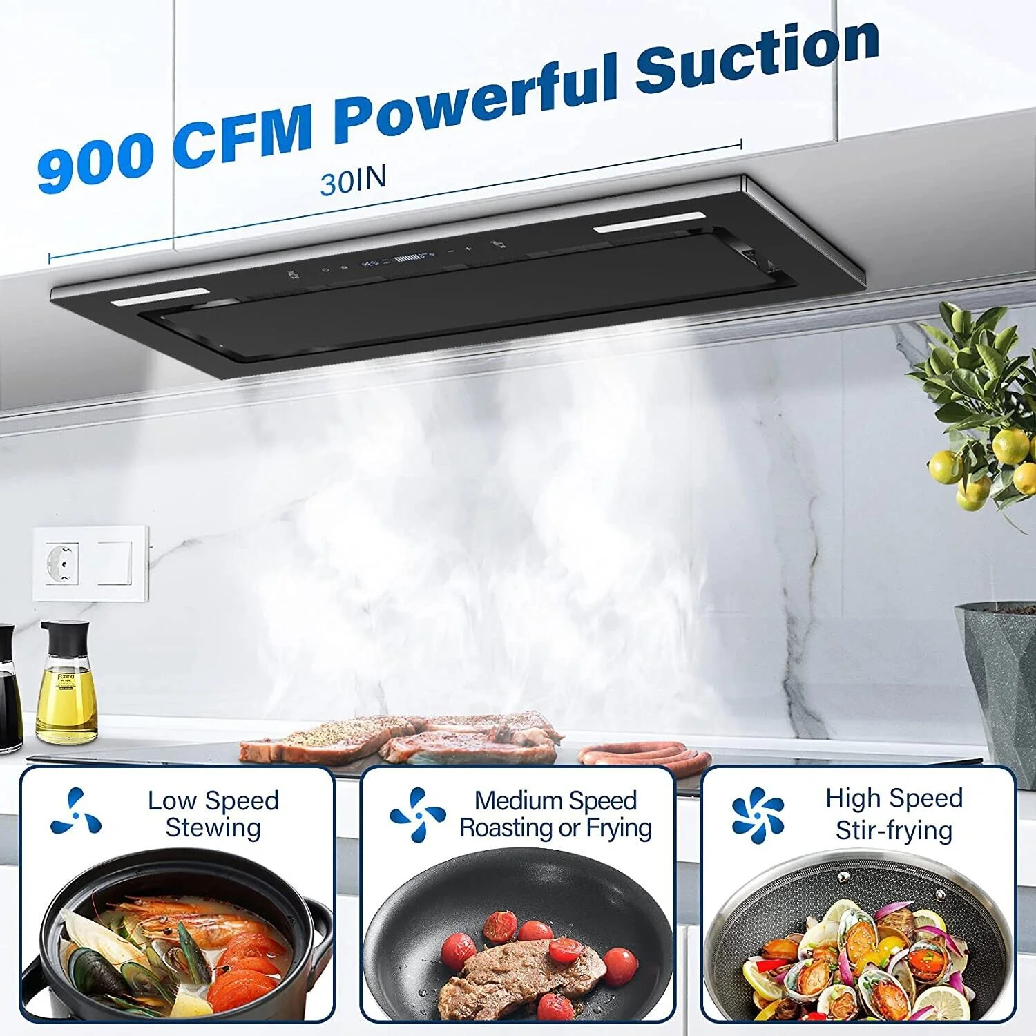 30 inch Built-in Insert Range Hood 900CFM Tempered Glass Kitchen Vent Hood