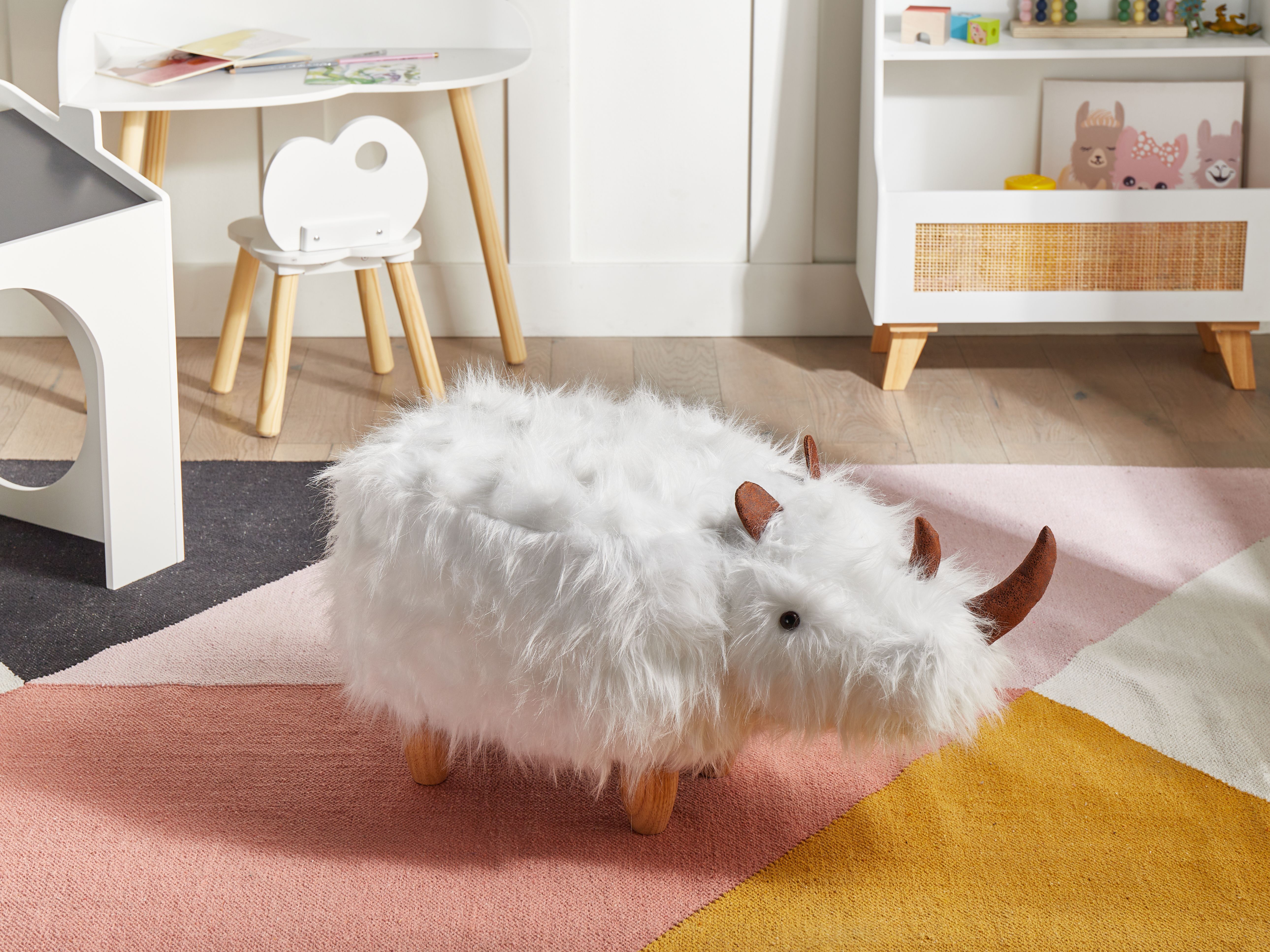 Animal Stool WOOLLY Faux Fur White Rhino