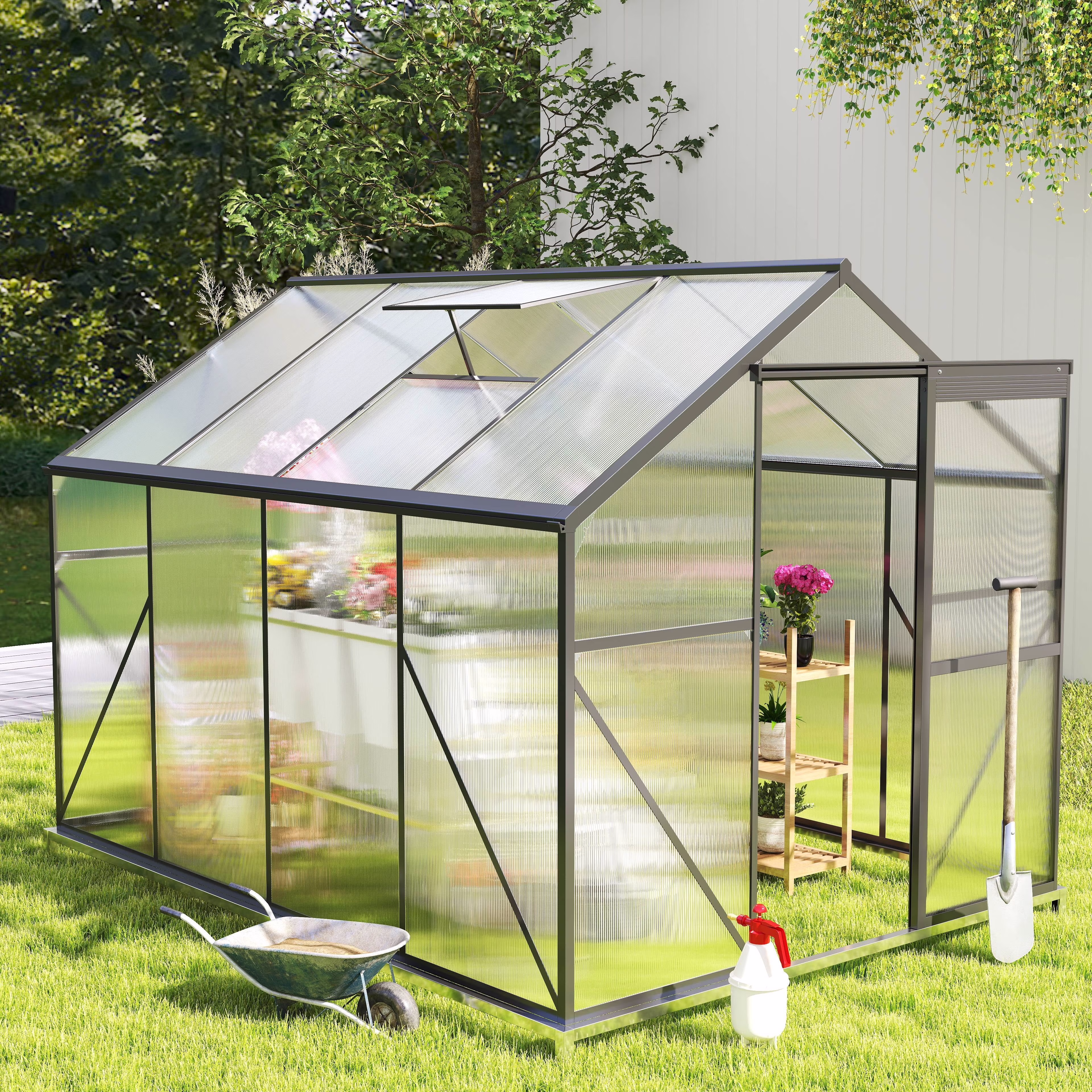 Asofer 6' x 4' Greenhouse for Outdoors, Aluminum Walk-in Green Houses shed with Rain Gutter and Roof Vent for Backyard - Image 3