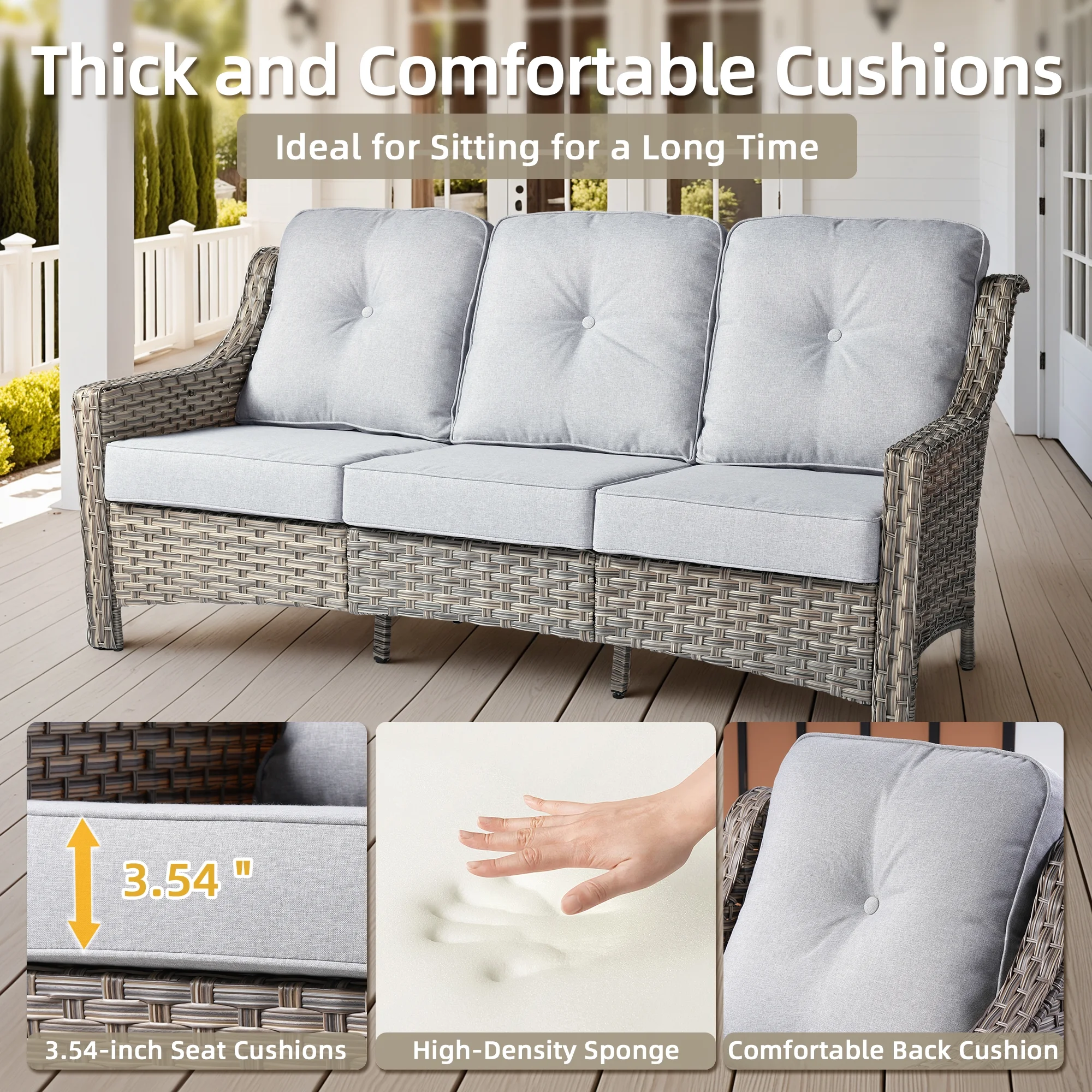 Ovios Outdoor Patio Sofa 3-Seater with Cushions All-Weather Wicker Rattan Couch for Garden, Porch, or Backyard - Image 45
