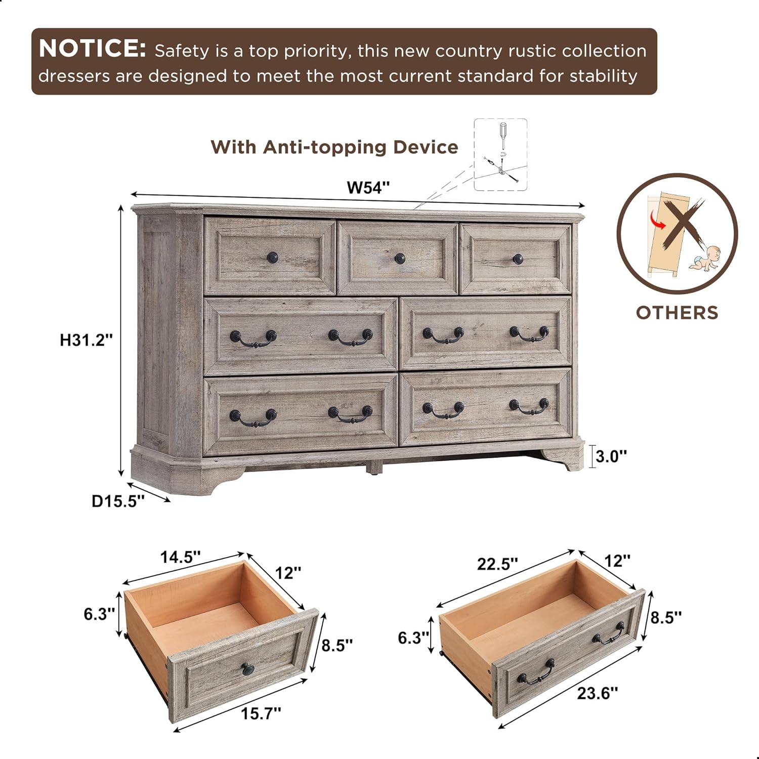T4TREAM Farmhouse 7 Drawers Dresser for Bedroom, 54
