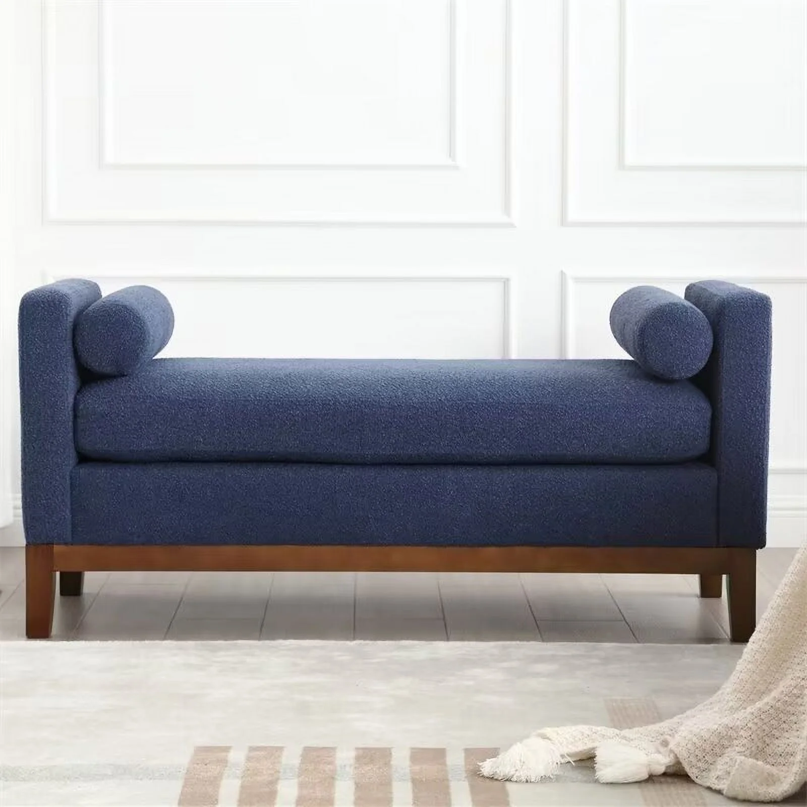 End of Bed Bench, 53.5" Boucle Fabric Upholstered Entryway Bench with Wood Legs & Bolster Pillows, Rolled Arm Cushioned Ottoman Foot Rest Long Stool Window Extra Seating for Bedroom, Ivory - Image 20
