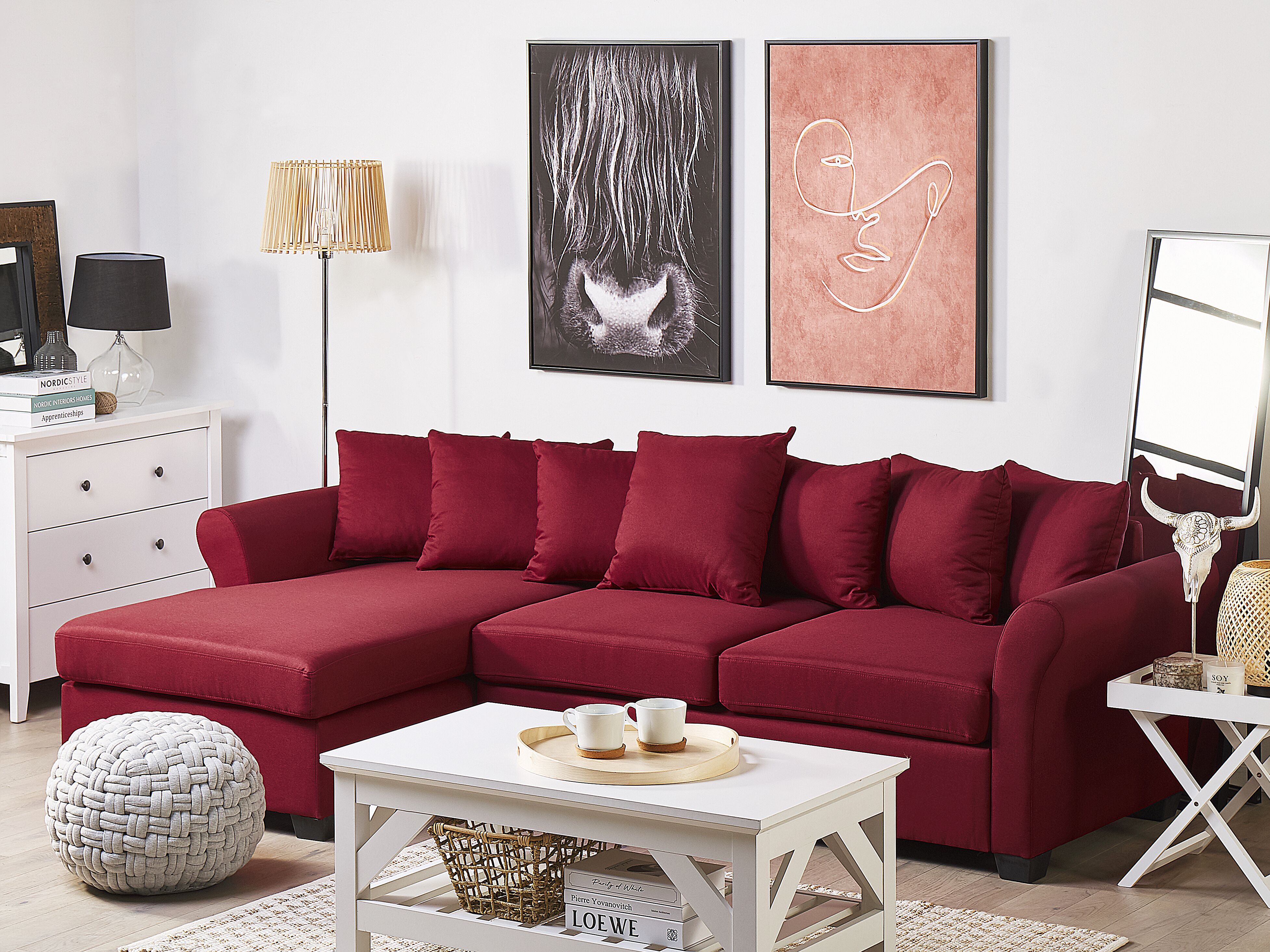 Corner Sofa 3 Seater VIKNA Fabric Dark Red Right Hand
