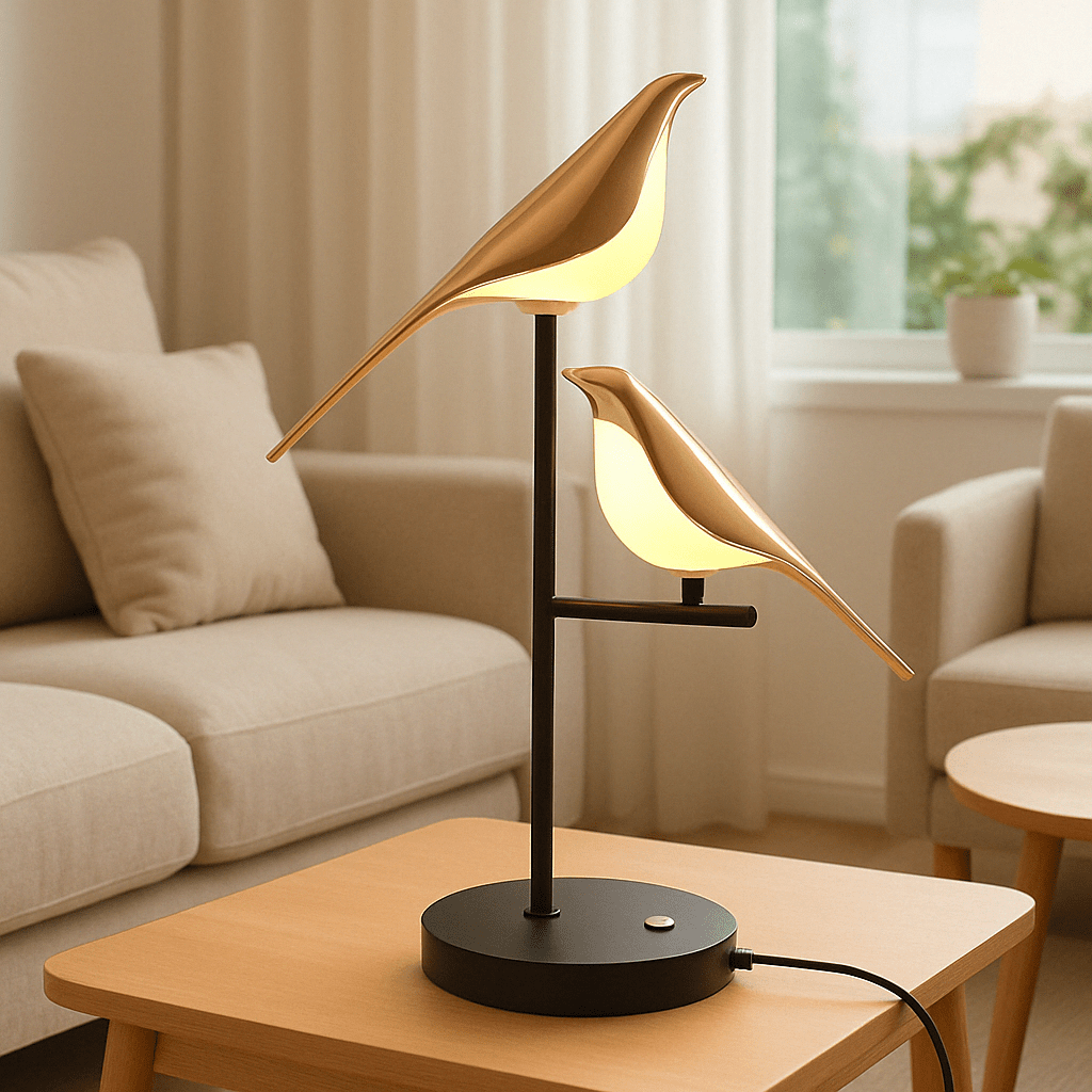 Moderne Tafellamp Goud met Vogelmotief en LED Verlichting – Elegante Nachtkast Lampje voor Woonkamer en Slaapkamer
