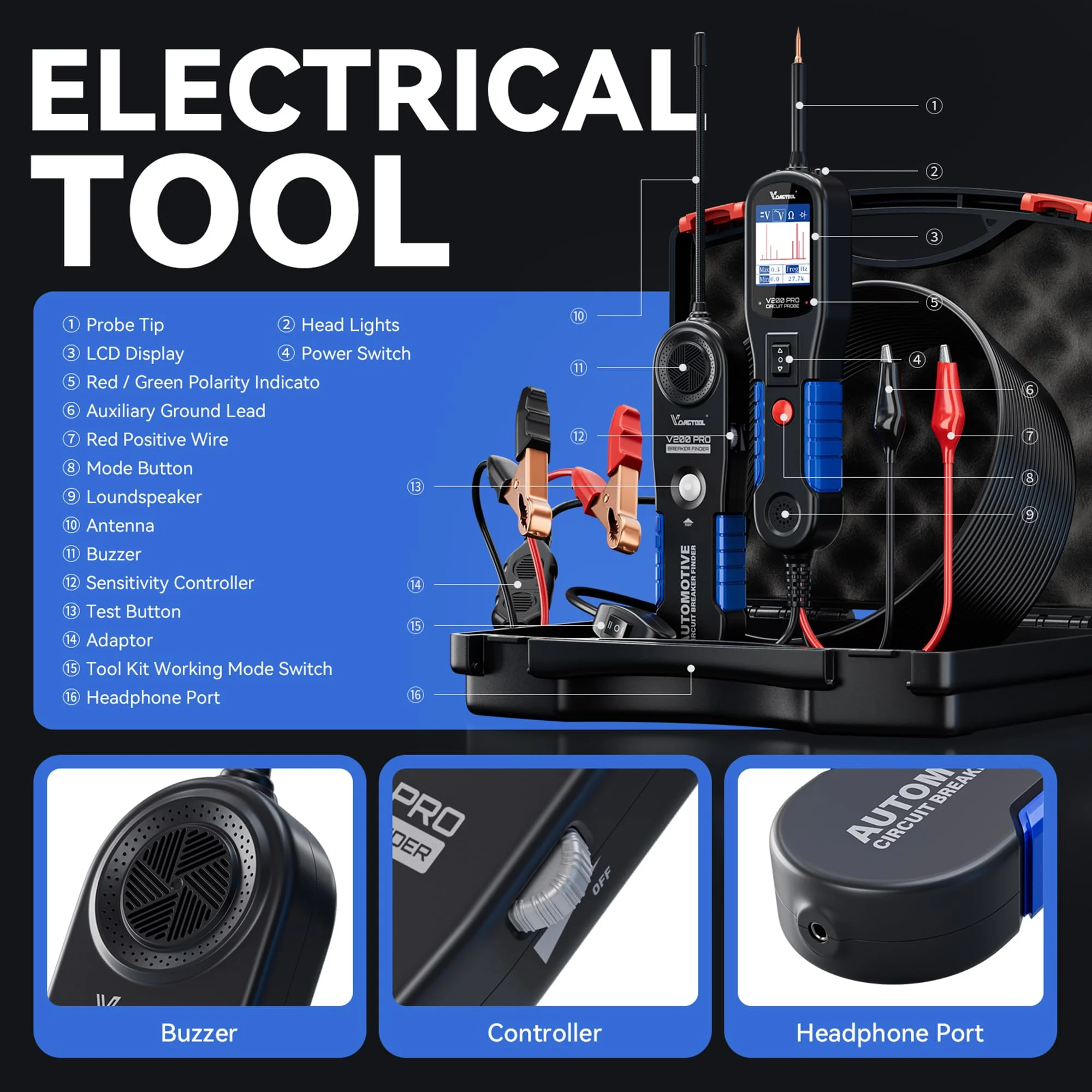 VDIAGTOOL V200 PRO Automotive Power Probe Tester Circuit Breaker Finder Tool 12/24V Electrical Open Short Circuit Finder Wire Tracer