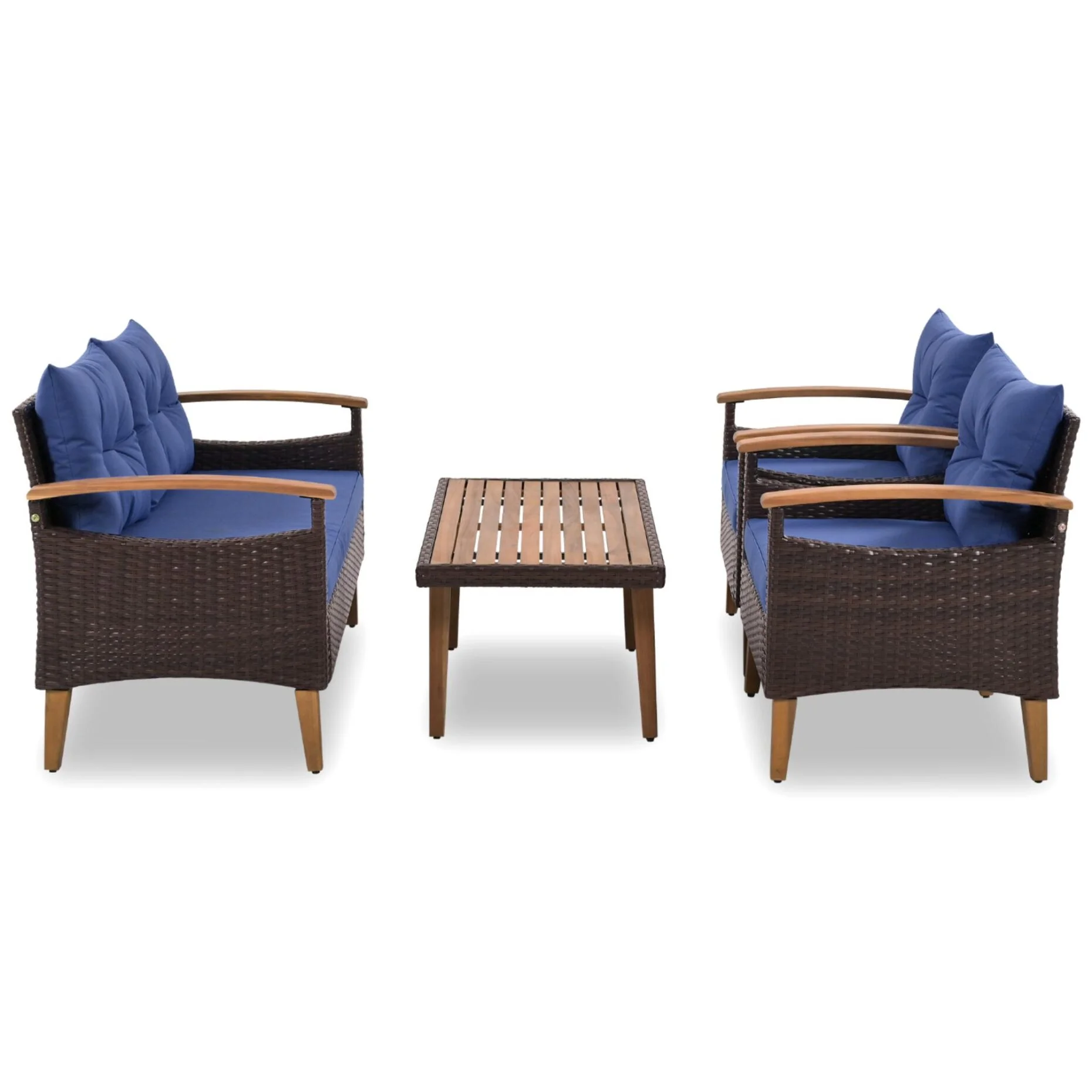 4 Piece Garden Furniture Set, Patio Seating Set with Wood Table, PE Rattan Sofa and 2 Chairs, Outdoor Conversation Set with Table Cover, Pillows and Adjustable Feet, Brown+Beige - Image 16