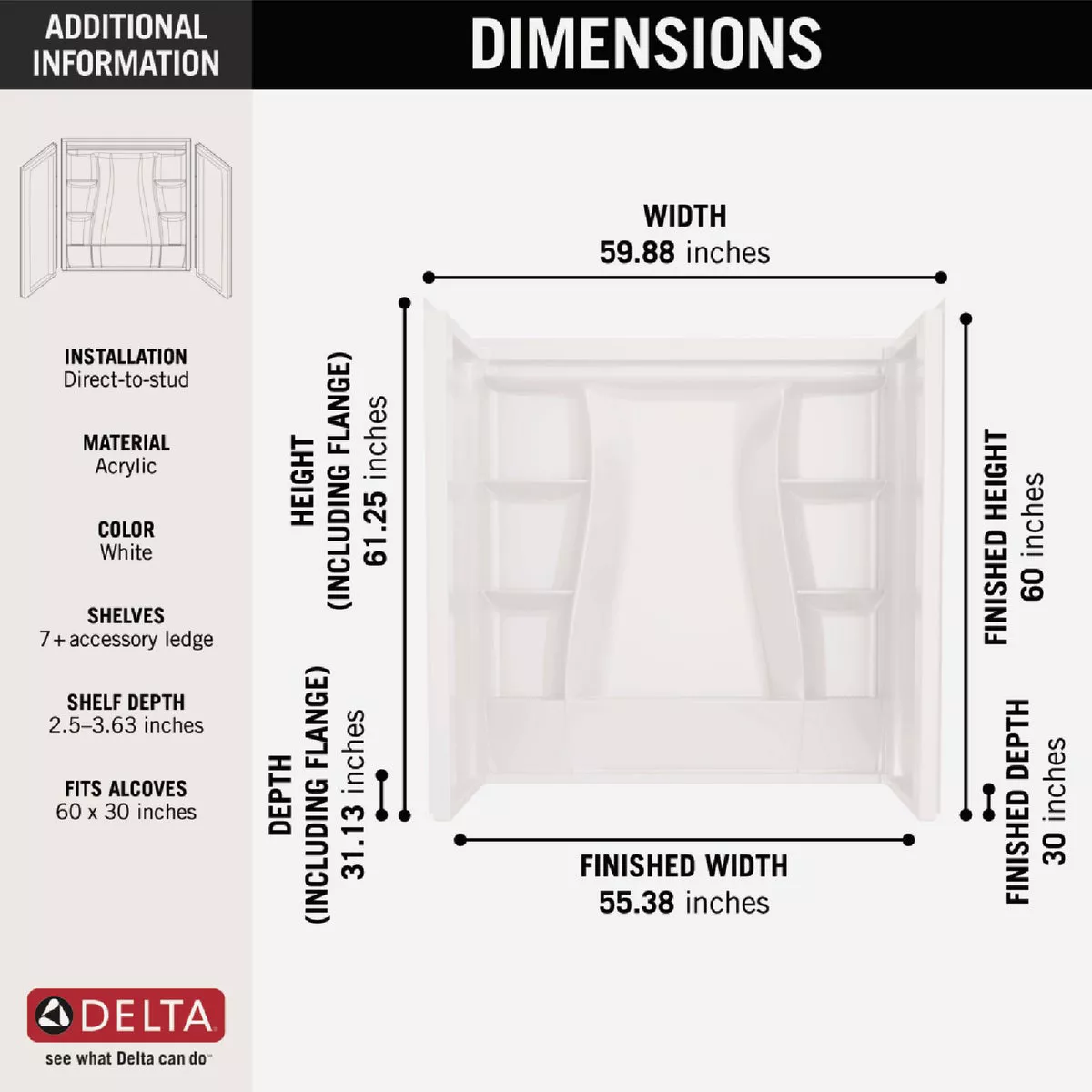 Delta Classic 500 60 In. L x 30 In. W x 61-1/4 In. H Alcove Tub Surround Kit, White (3-Piece)