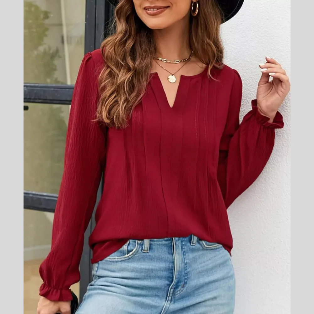 Notched Ruffle Cuff Blouse - ZKZOOK