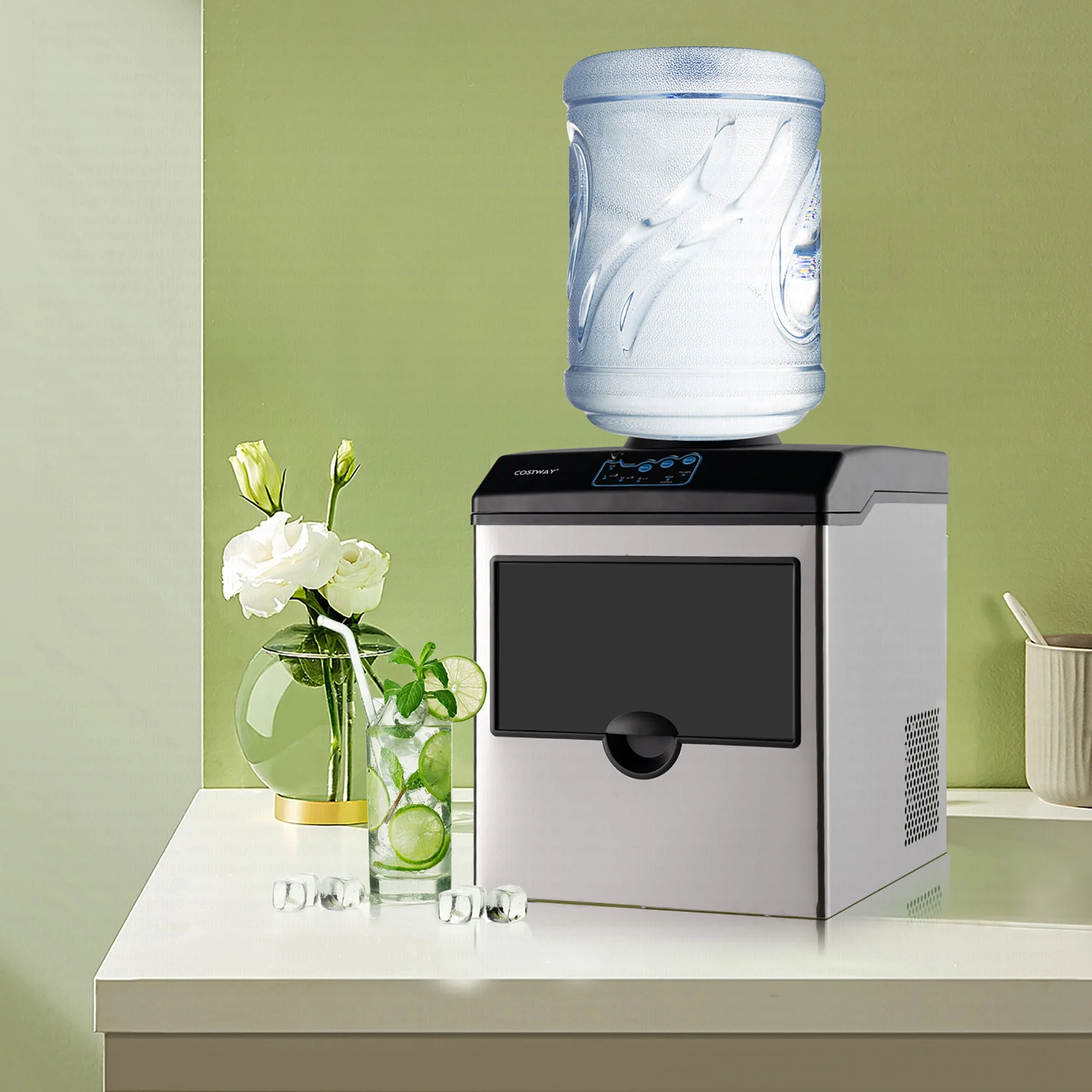 Costway 2-in-1 Stainless Steel Countertop Ice Maker Water Dispenser 48Lbs/24H w/ Scoop - Image 4