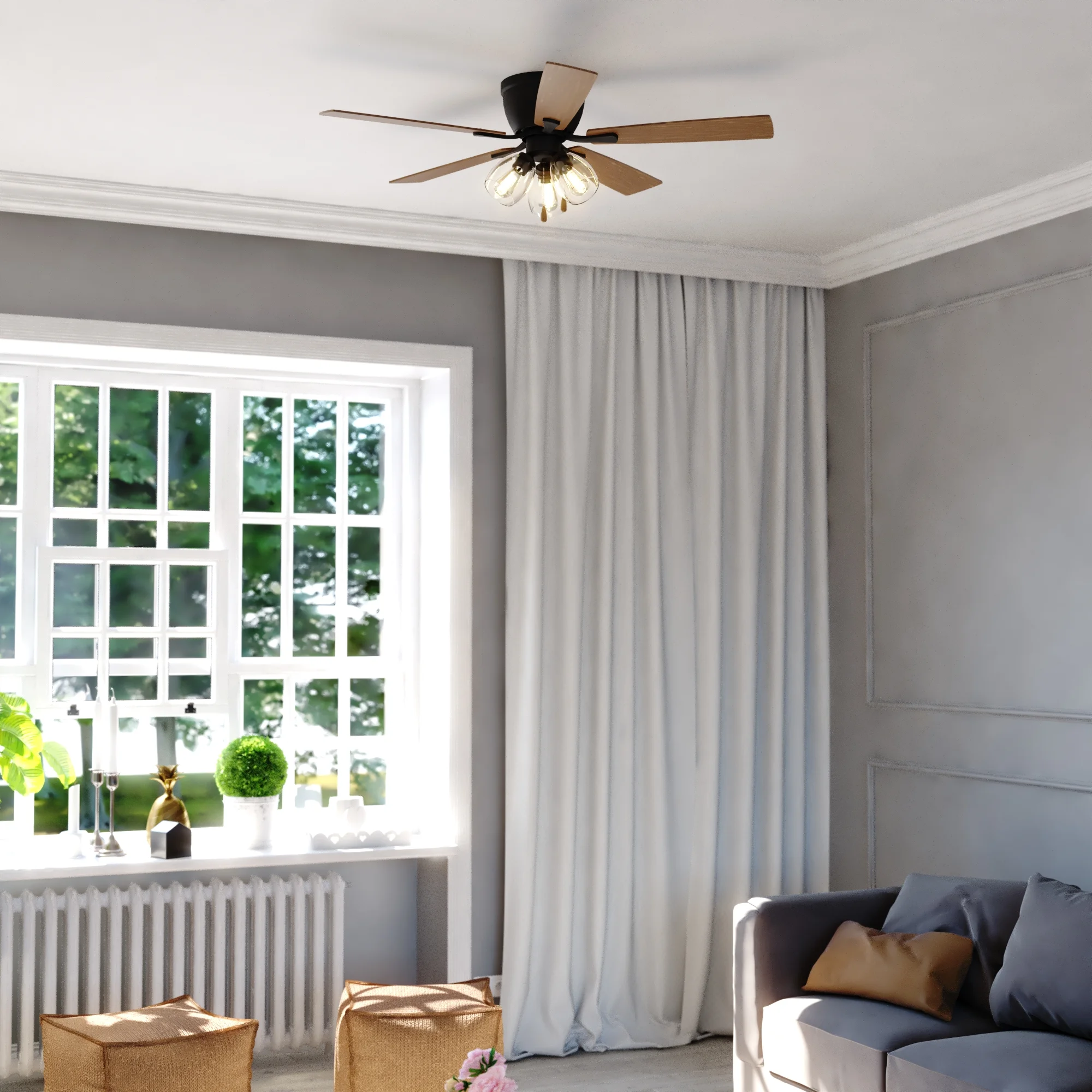 Brayton Black Transitional 3-Light Flush Mount Ceiling Fan with Light Kit, Pull Chain, Reversible Blades