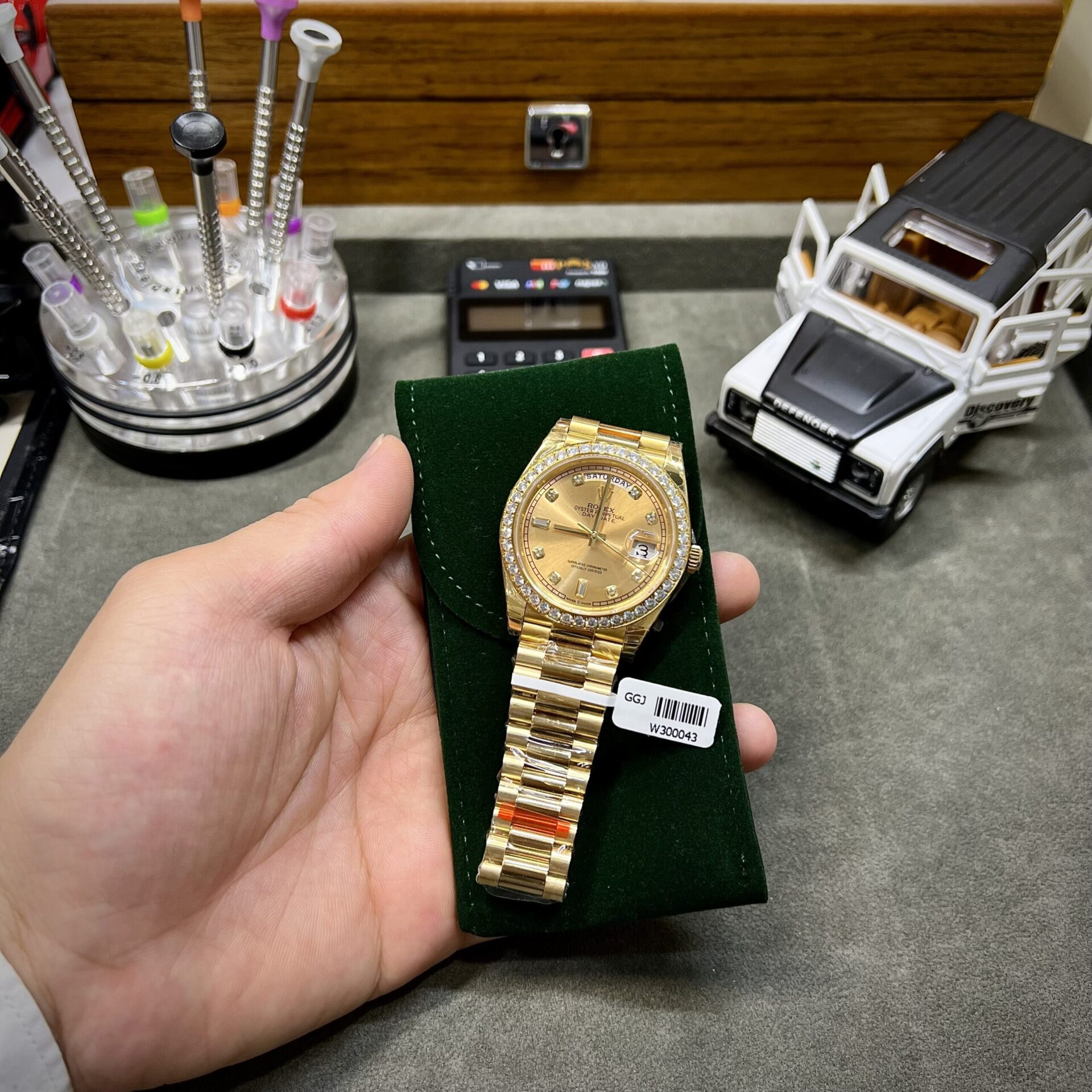 Rolex Fake Watch Day-Date Yellow Dial Custom Moissanite Diamonds 40mm - Top club