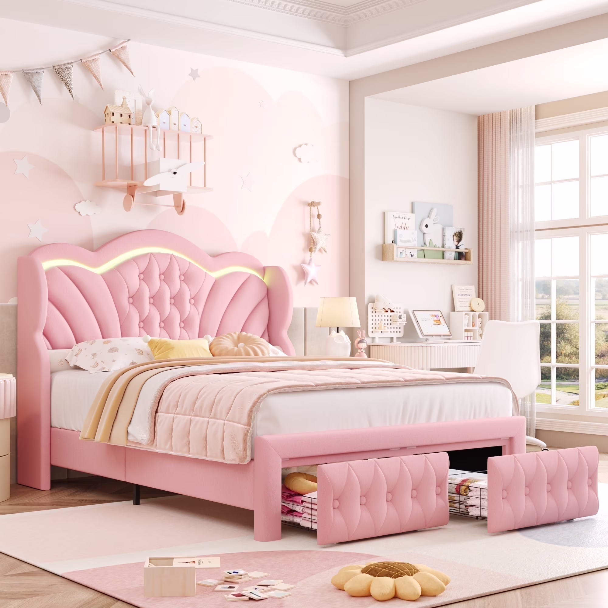 Hiphuta Modern Queen Bed Frame with 2 Drawers, LED Lights Platform Bed Frame, Sturdy Beds Frame with Upholstered Button Tufted Headboard, Velvet White - Image 6