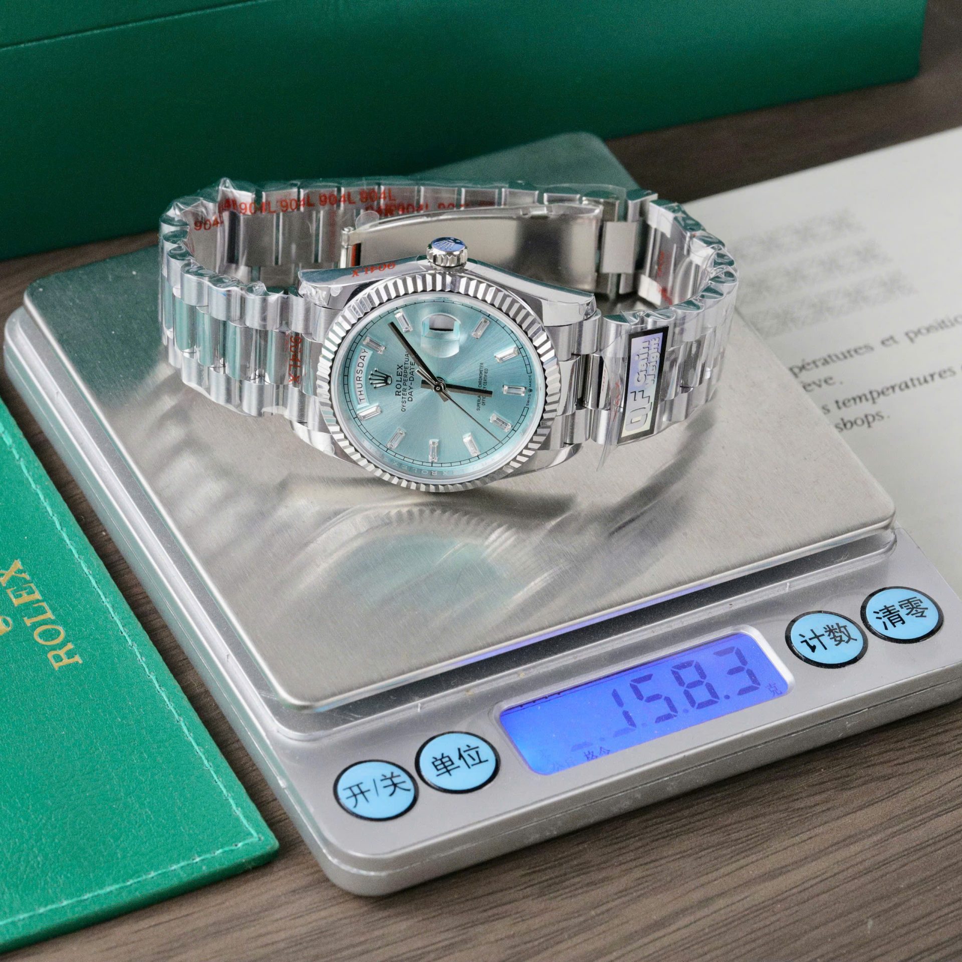 Rolex Day-Date 128236 Dial Ice Blue Replica Watch Weight 158gram QF Factory 36mm - Elite Watch Atelier
