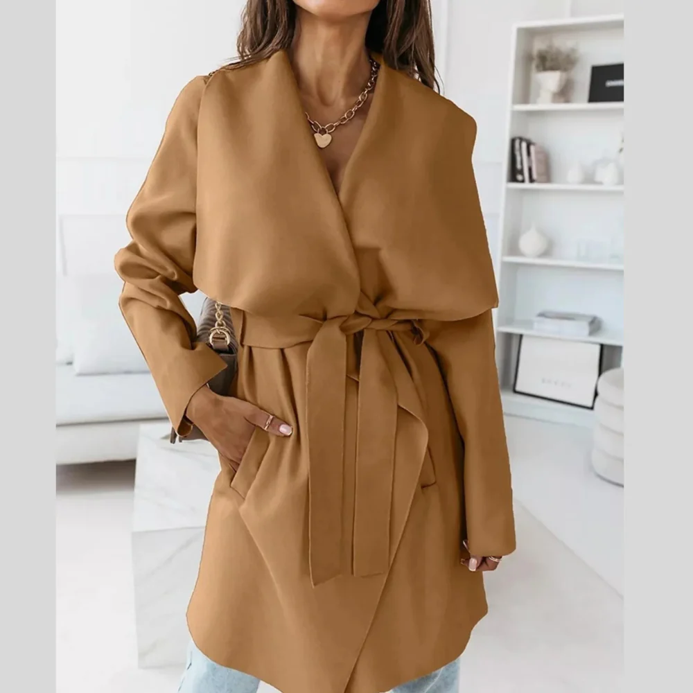 Tie Waist Long Sleeve Outerwear - ZKZOOK