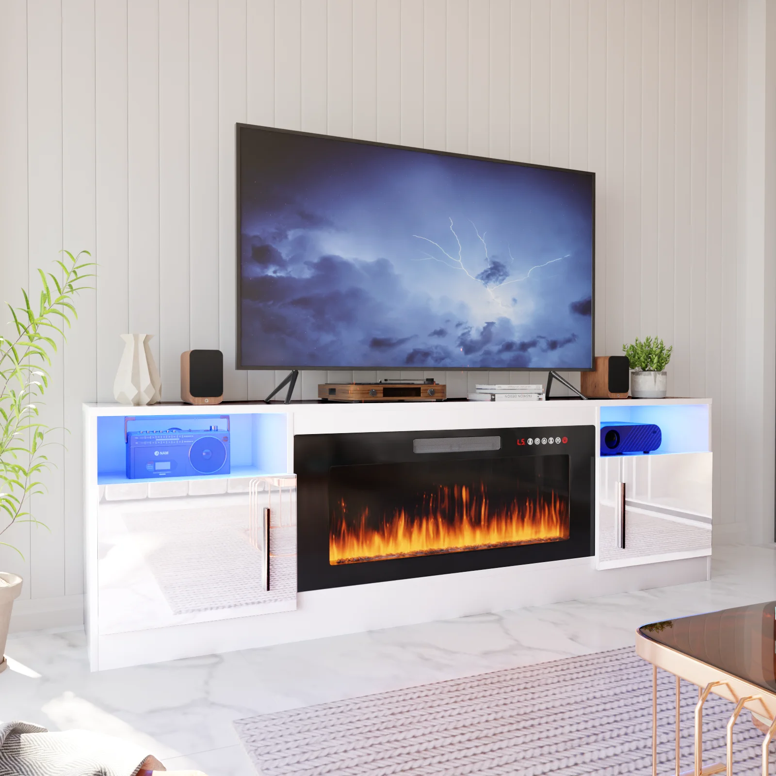 Waleaf Fireplace TV Stand with 36" Electric Fireplace Up to 80" TVs, Modern Wood Media TV Console with Highlight Cabinet, White - Image 9