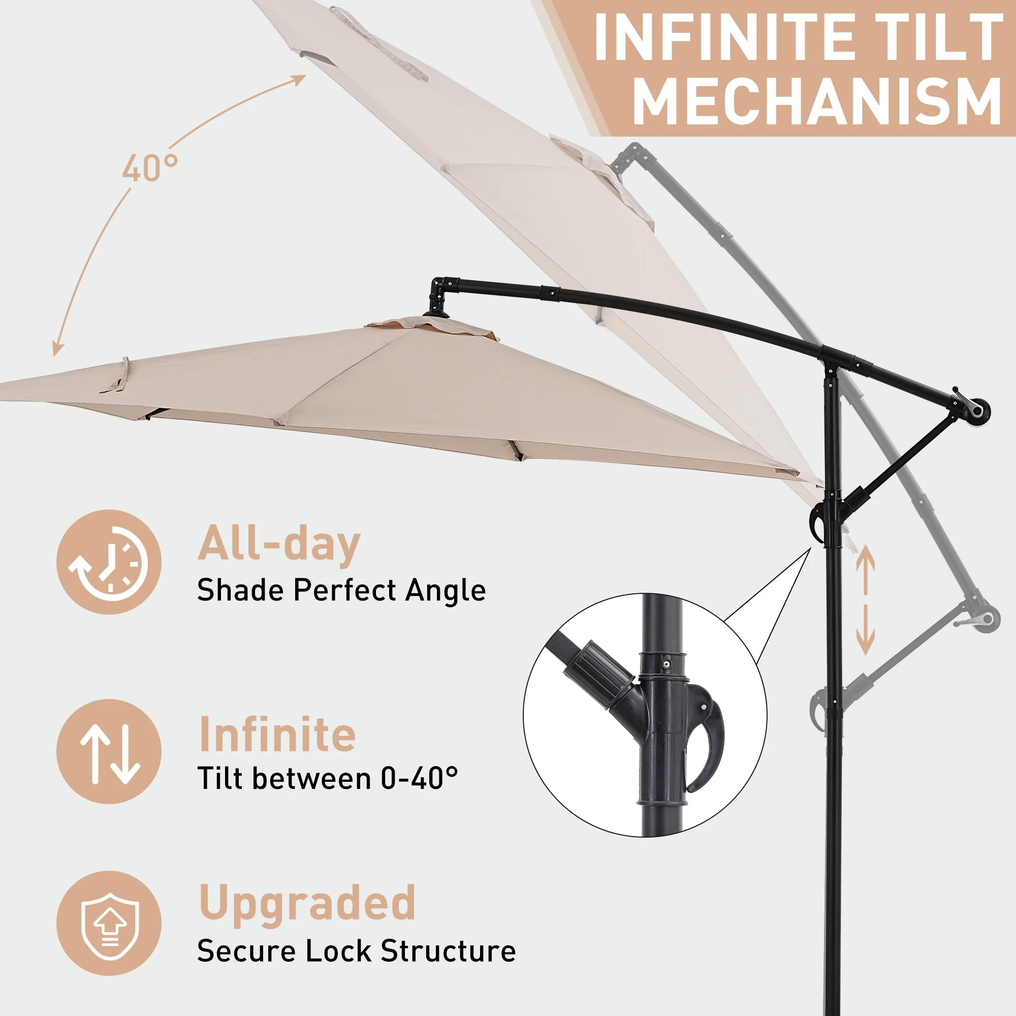 Ainfox 10ft Cantilever Patio Umbrella with Lights, Offset Market Umbrella with Sandbags Weighted Base and Cross Base,Khaki - Image 19
