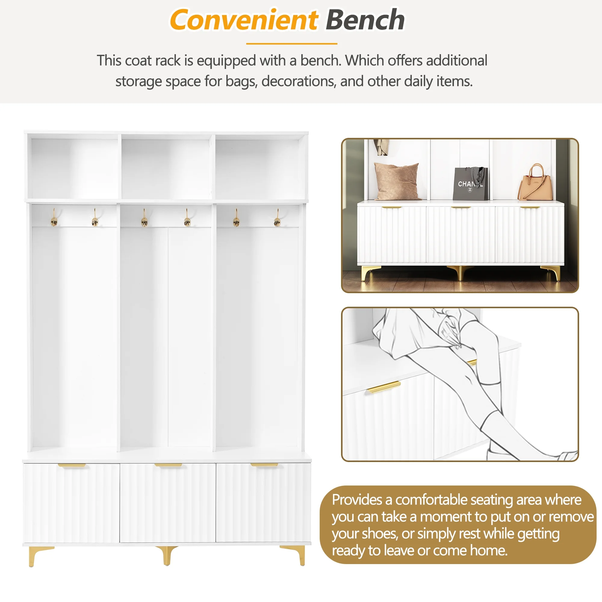Euroco Modern Hall Tree with High Gloss Fluted Doors, Gold Accents, Shoe Storage & Bench a?? Entryway Organizer with Cubbies and Coat Hooks - Image 13