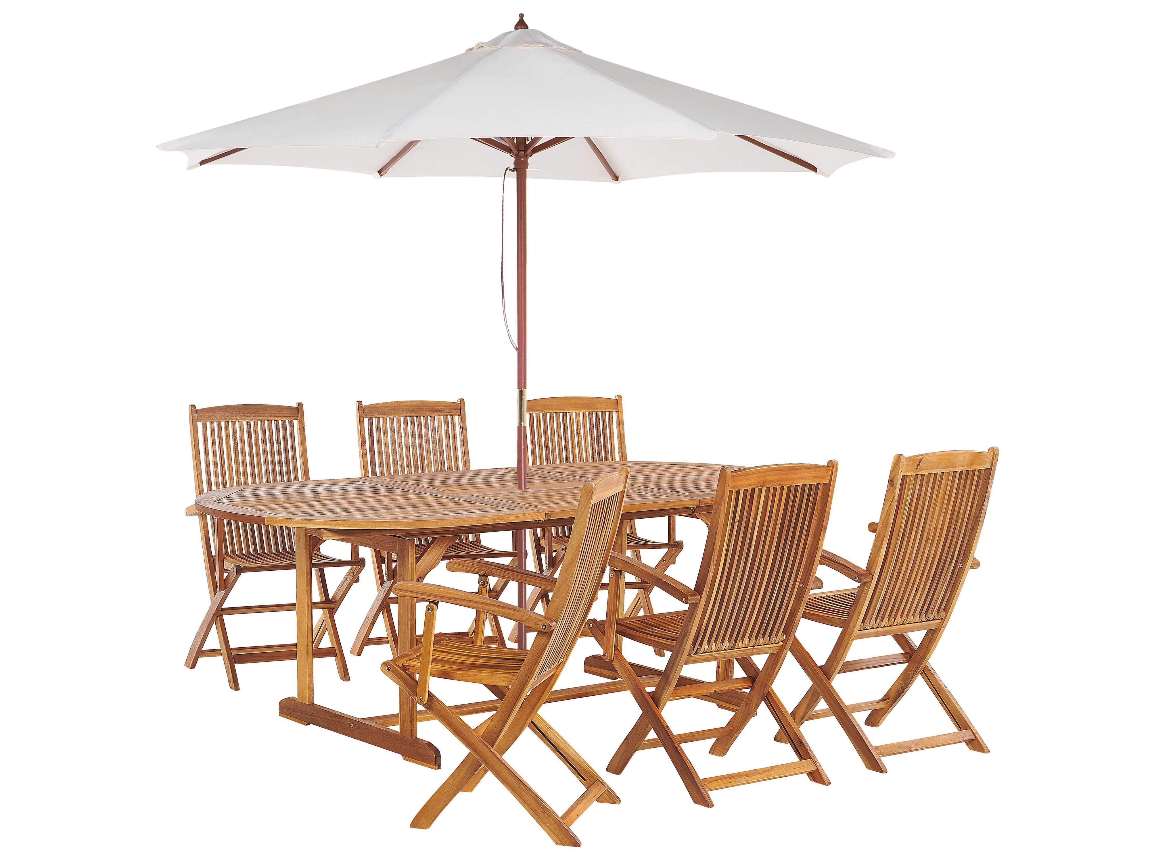 Garden Dining Set 6 Seater MAUI with Parasol (12 Options) Acacia Wood Light Brown