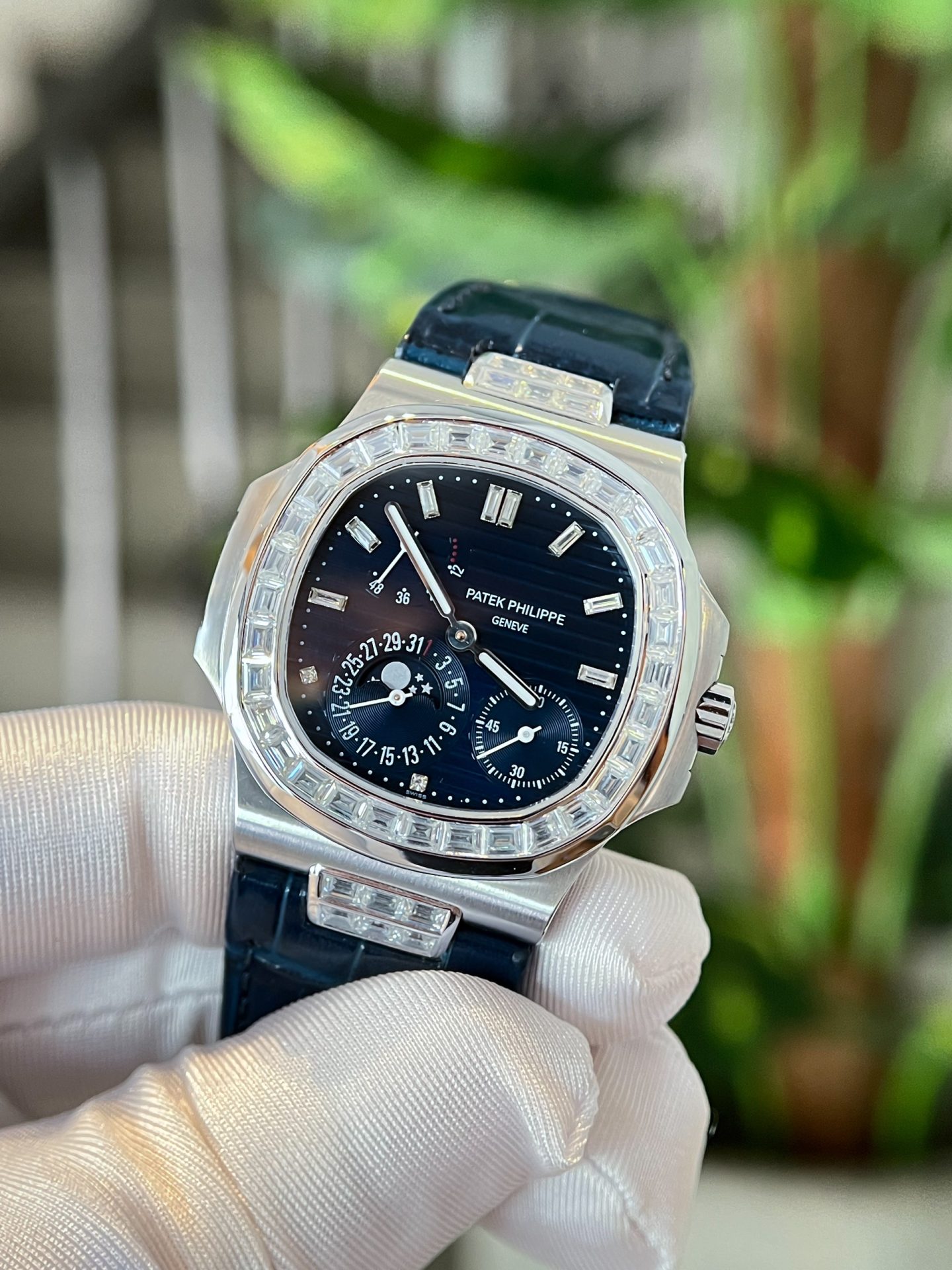 Patek Philippe Replica Watch Nautilus 5724 Custom Moissanite Diamonds Leather Strap 40mm - Elite Watch Atelier