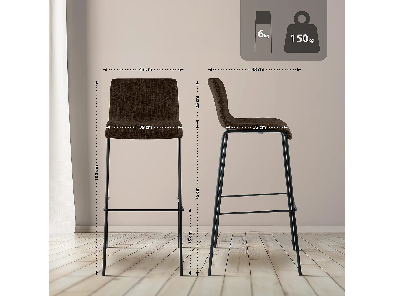 Tabouret de bar - Tissu & Noir - Marron - Hoover