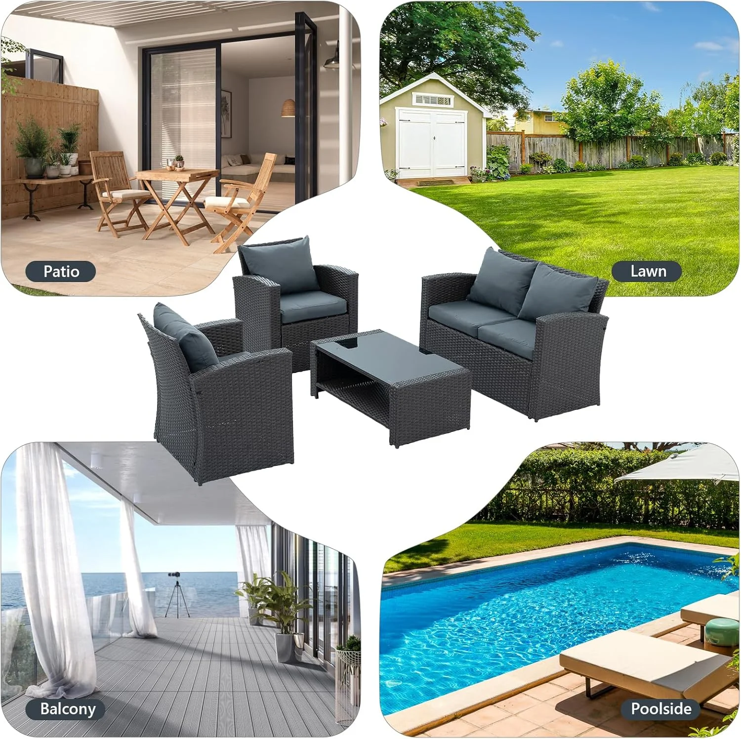 7 Piece Patio Furniture Sets Outdoor Sectional PE Rattan Outdoor Furniture Patio Conversation Set with Cushions and Glass Coffee Table, for Balcony Lawn and Garden, Gray - Image 19