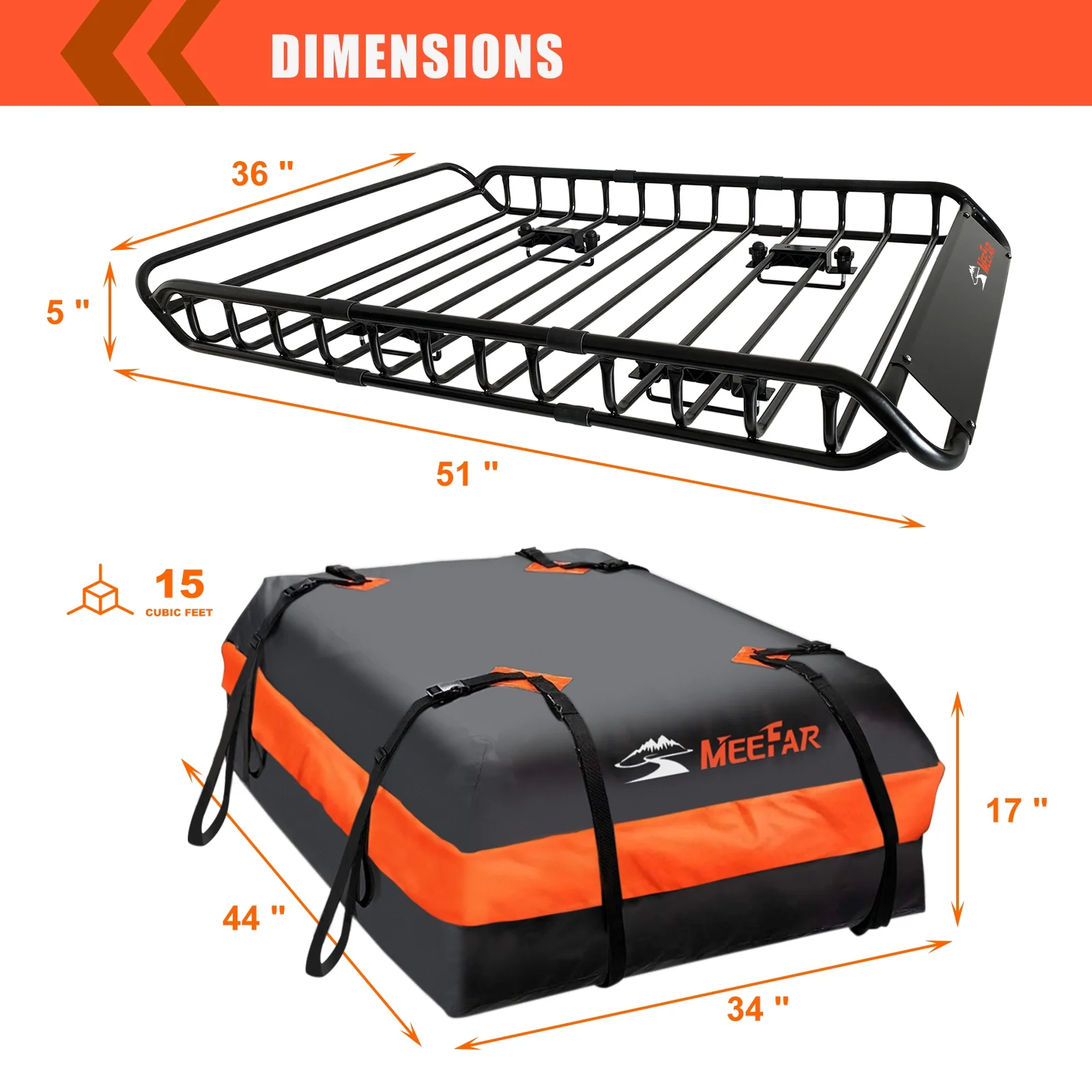 MeeFar Universal Rooftop Roof Rack Steel Cargo Carrier Basket Size 51" X 36" X 5" + Soft Shell Waterproof Cargo Bag 15 Cu.ft (44" 34" 17") Combo - Image 7