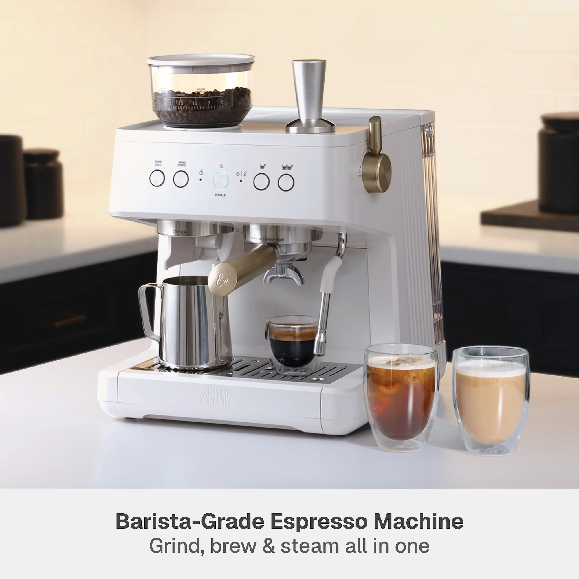Thyme & Table Barista Grade Espresso Machine with 15-Bar Pressure, Conical Burr Grinder and Steam Wand, Sand White