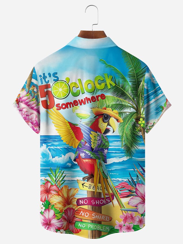 It's 5 O'Clock Somewhere Parrot Chest Pocket Short Sleeve Hawaiian Shirt