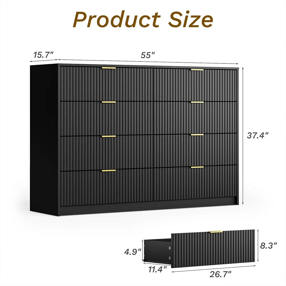 Furniway Black Dresser for Bedroom, 8 Drawer Double Dresser, Modern Chest of Drawers for Bedroom, Living Room, Entryway and Closet, 55" L x 15.7" D x 37.4" H - Image 11