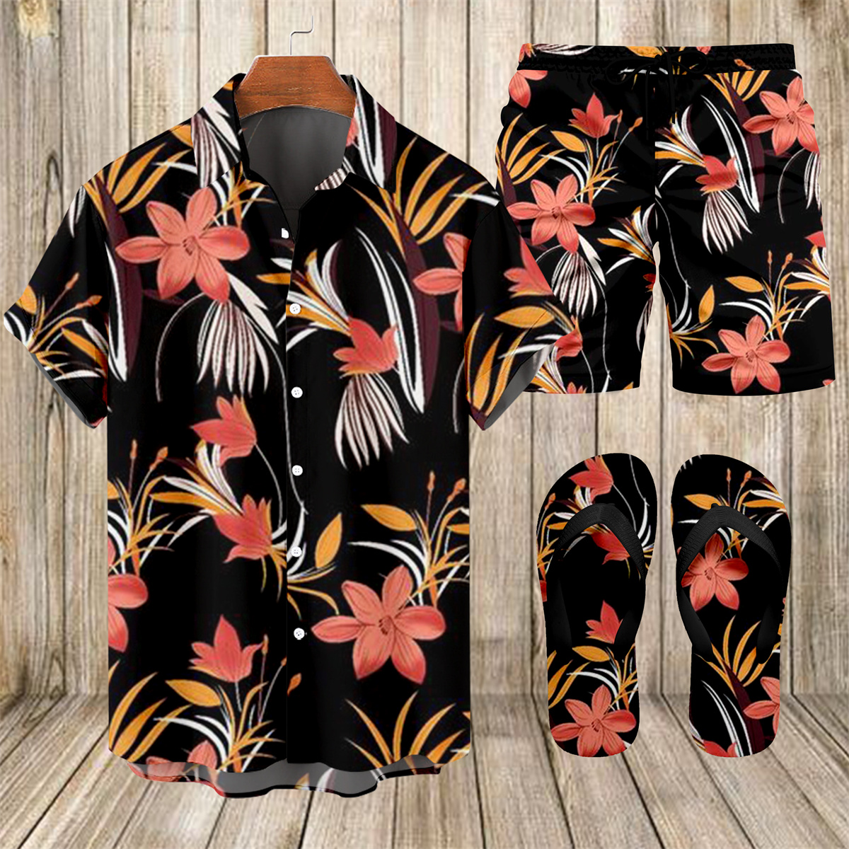 Suitmens Men's Tiki Party Hawaiian Vacation Print Three-Piece Set 014