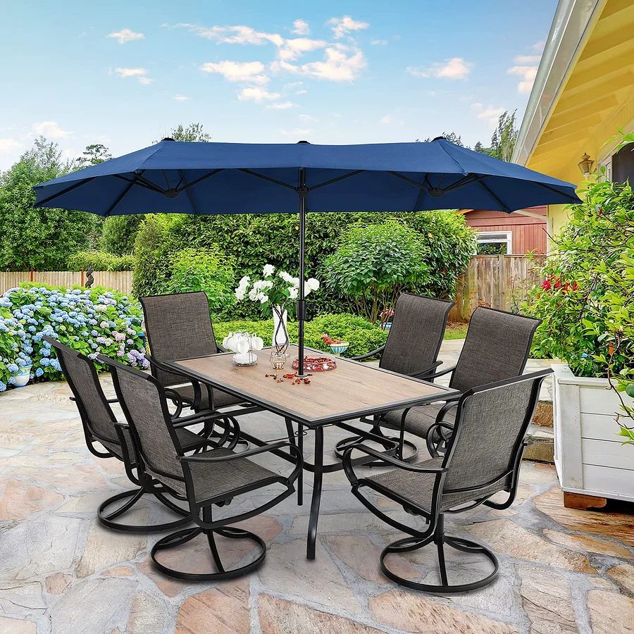 Patio Dining Set With Umbrella And 6 Sling Dining Swivel Chairs, 8-Piece - 60 x 37.4 x 28 Inches - Image 10 Patio Dining Set With Umbrella And 6 Sling Dining Swivel Chairs, 8-Piece - 60 x 37.4 x 28 Inches - Image 10