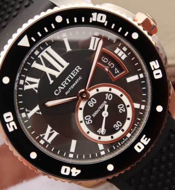 Replica Cartier JJF Calibre De Cartier Diver SS Black Dial RG Bezel Black Rubber Strap A23J - Top club