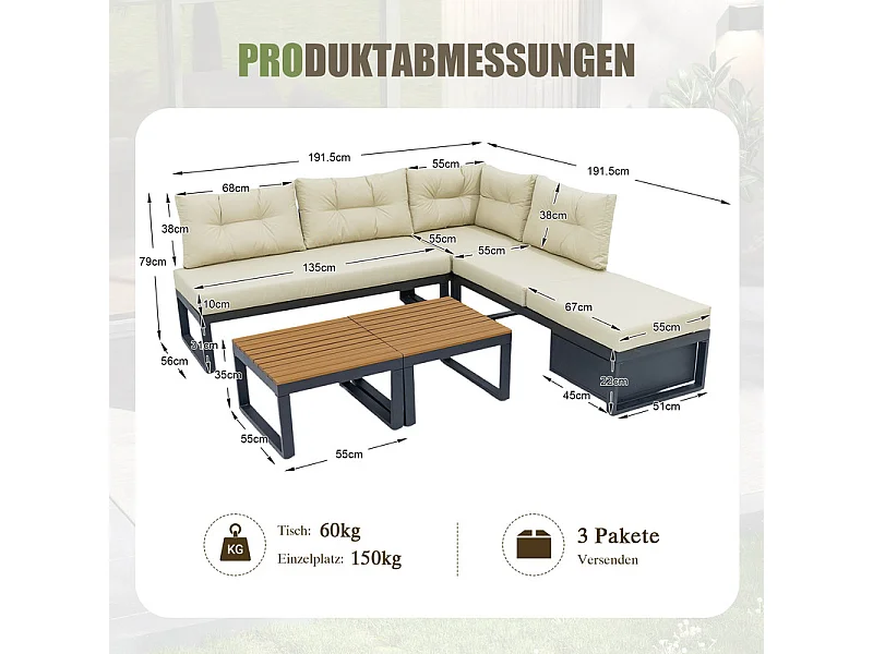 Salon de jardin modulable en fer: 1 canapé d'angle relevable + 2 table basse - 3 niveaux réglable + rangement - Beige
