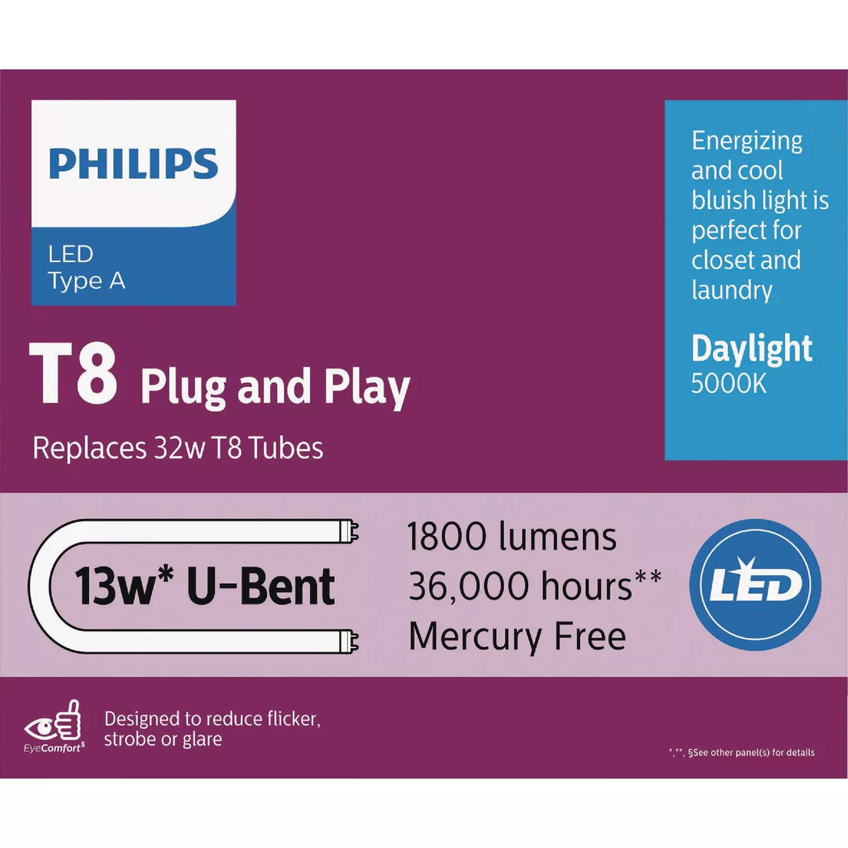 Philips InstantFit 32W Equivalent U-Bent T8 Type A Daylight LED Tube Light Bulb