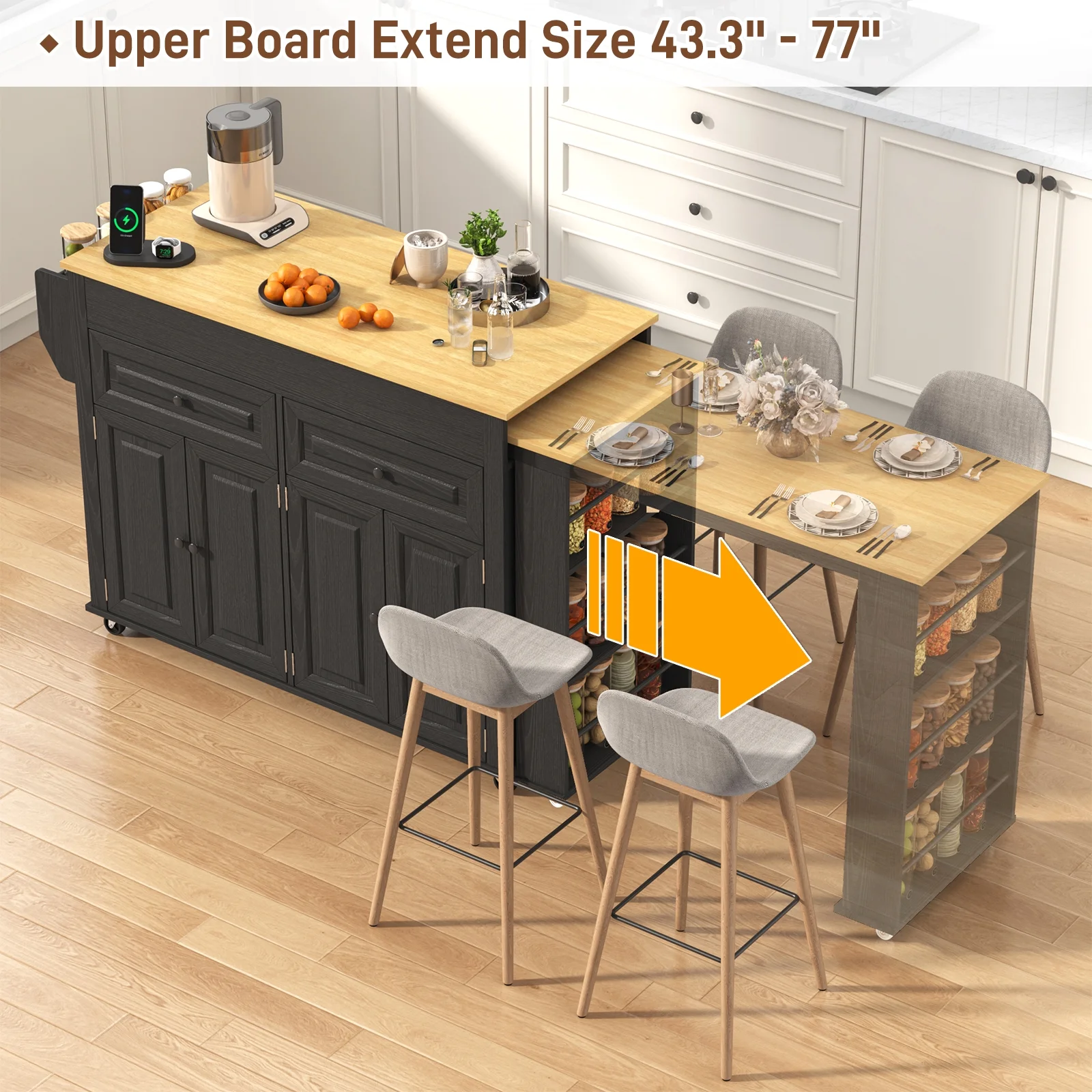 ANPOO Large Kitchen Island with Extendable Dining Table and Power Outlet, Rolling Kitchen Island Cart on Wheels with 2 Storage Cabinets & 2 Drawers & 3 Spice Racks, Island Table for Kitchen - Image 2