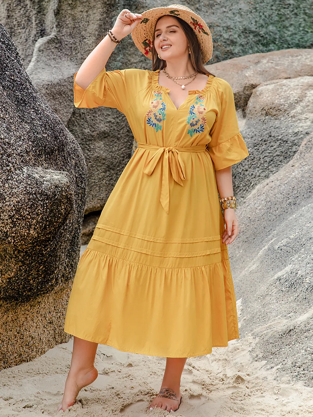 Plus Size Notched Tie Waist Half Sleeve Midi Dress - ZKZOOK