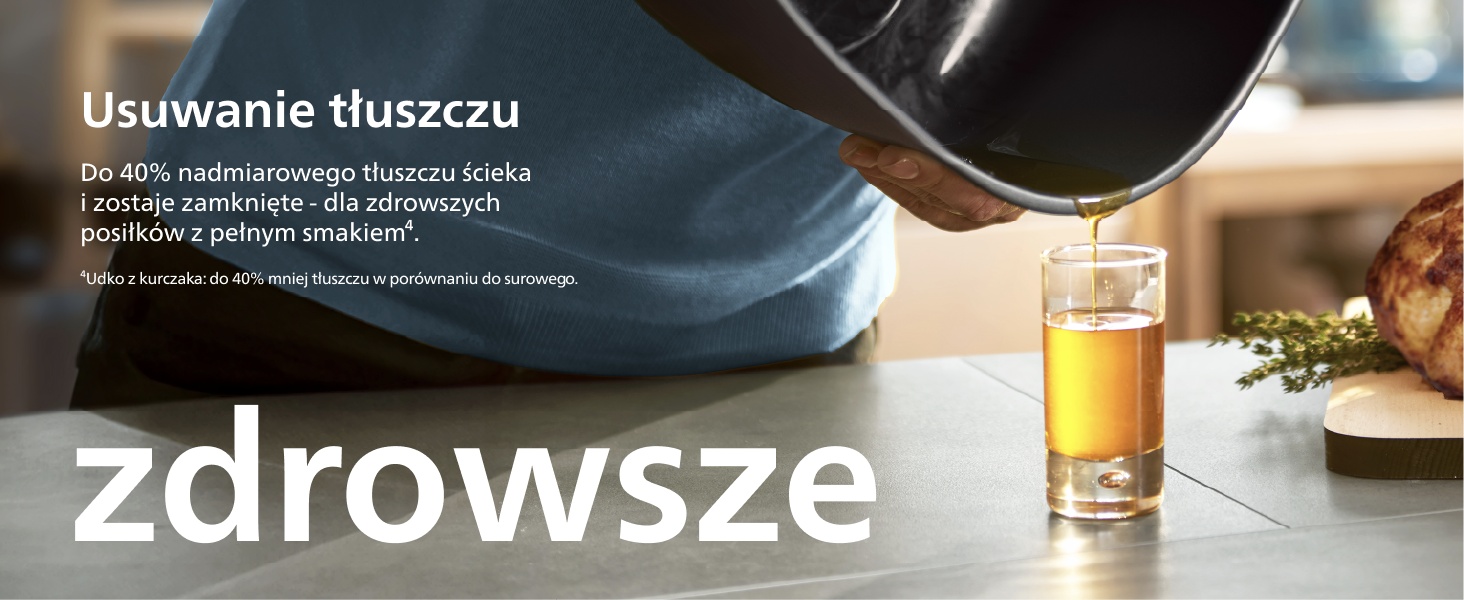 Tekst brzmi: 'Image 4', 'Usuwanie tłuszczu', 'zdrowsze'. Scena kuchenna z przygotowaniami do gotowania i artykułami spożywczymi na blacie.