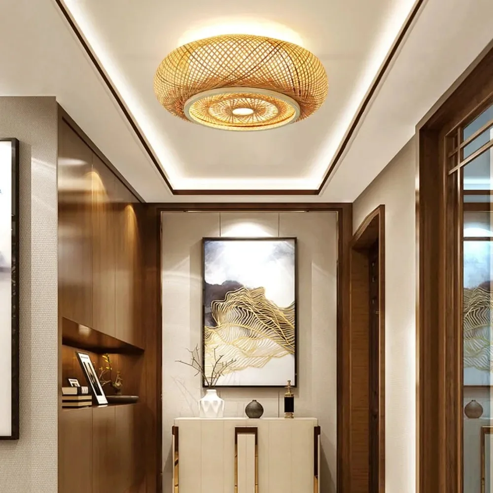 LittleGlovo Bamboo Ceiling Light Fixtures Vintage Bamboo Rattan Semi Flush Mount Ceiling Light, Handmade Bamboo Woven Ceiling Lights for Hallway Bedroom Livingroom Kitchen