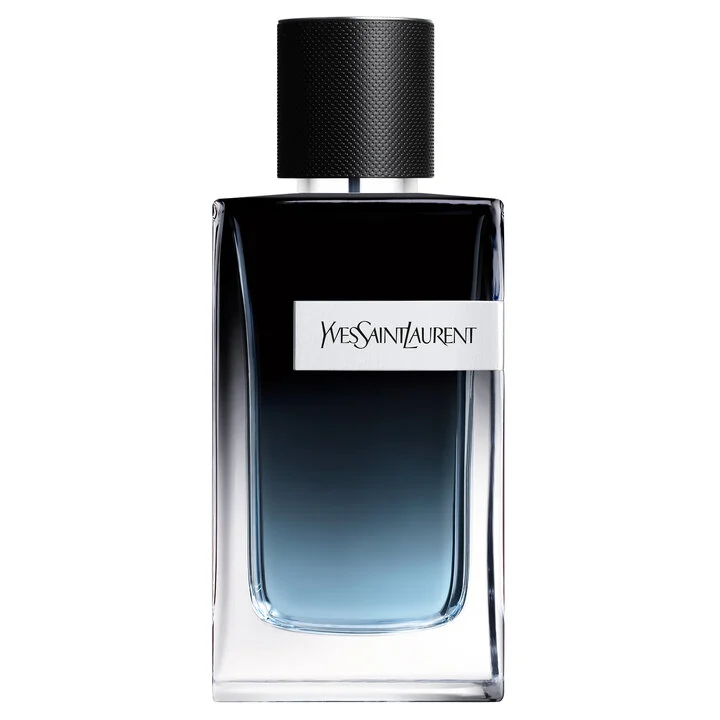 Yves Saint Laurent Y Eau de Parfum 100ml glass bottle featuring a sleek black-to-blue gradient and a striking silver YSL logo across the front.