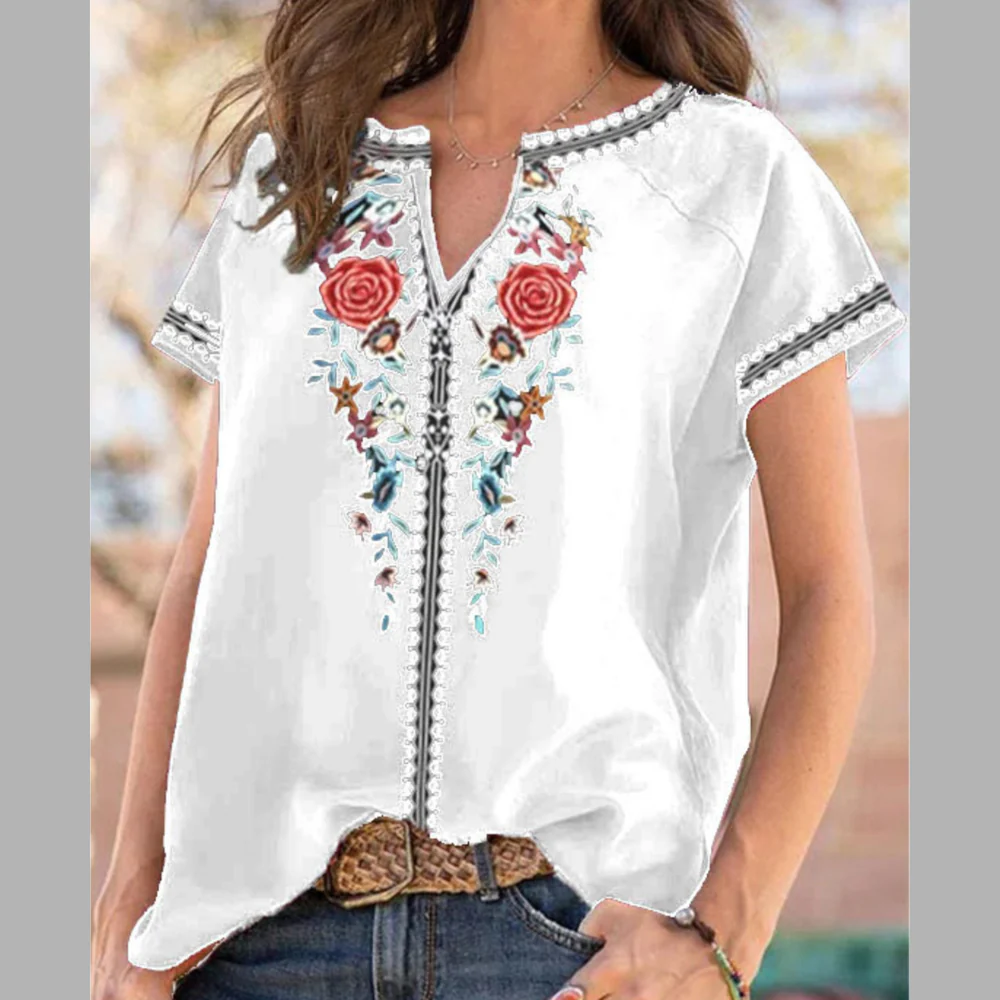 Full Size Floral Notched Short Sleeve Blouse Plus Size - ZKZOOK