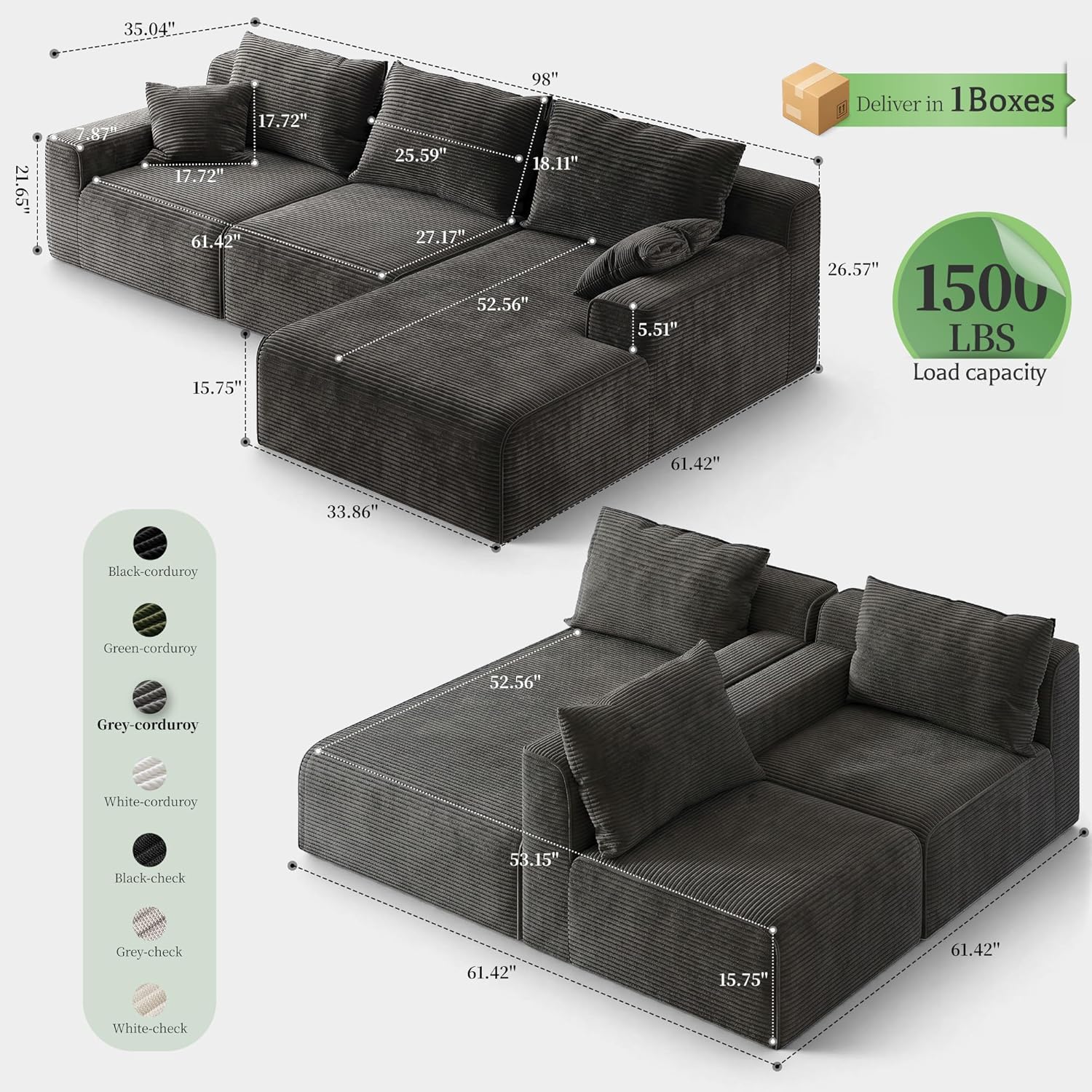 Homkdom Boneless Modular Sectional Couch, Cloud Couch L-Shaped Sofa with 61.5
